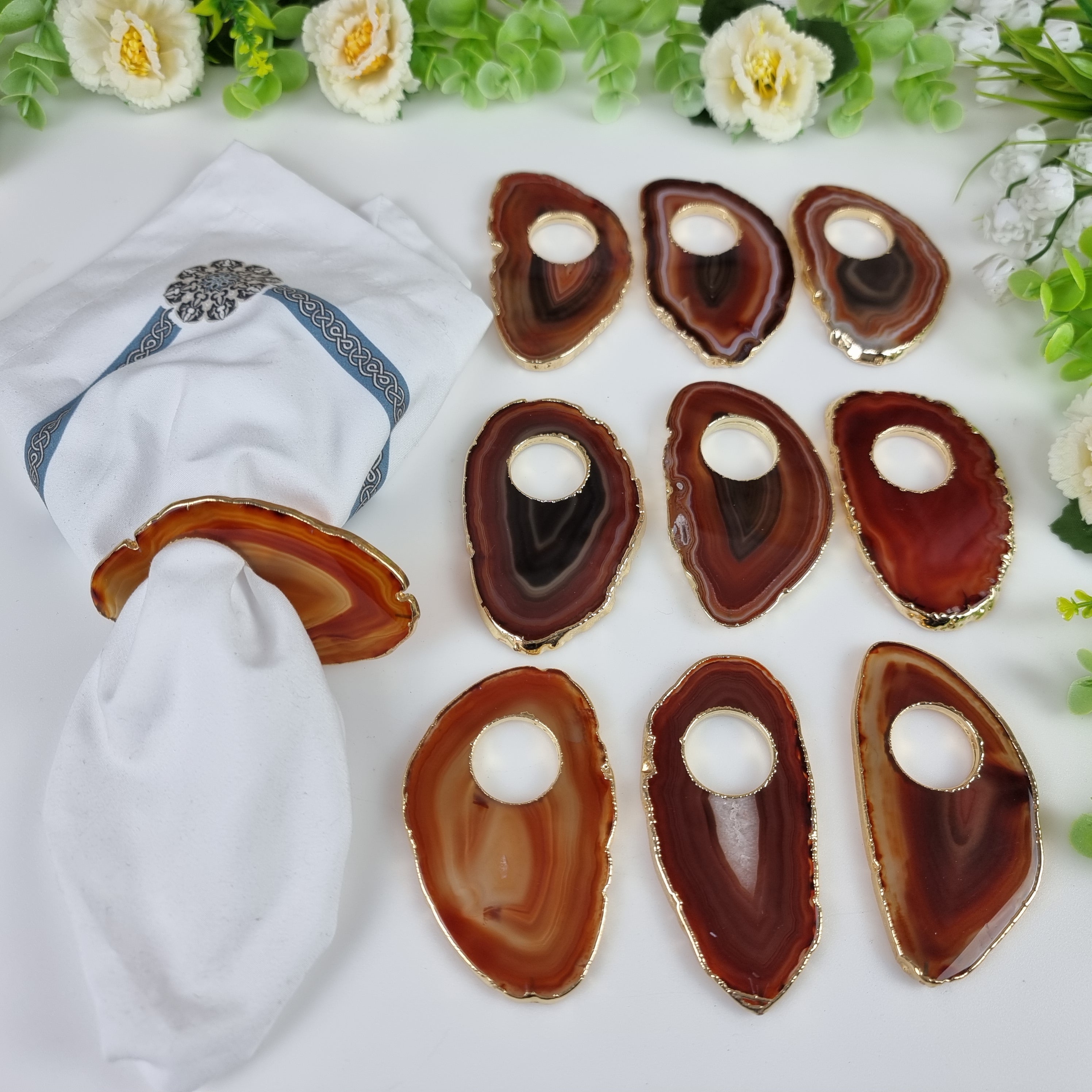 Porta Guardanapos de Ágatas COM Furo BANHO Dourado | Kit 10 Unidades, Tamanho 10 a 12 cm | Peça Artesanal BR Crystals