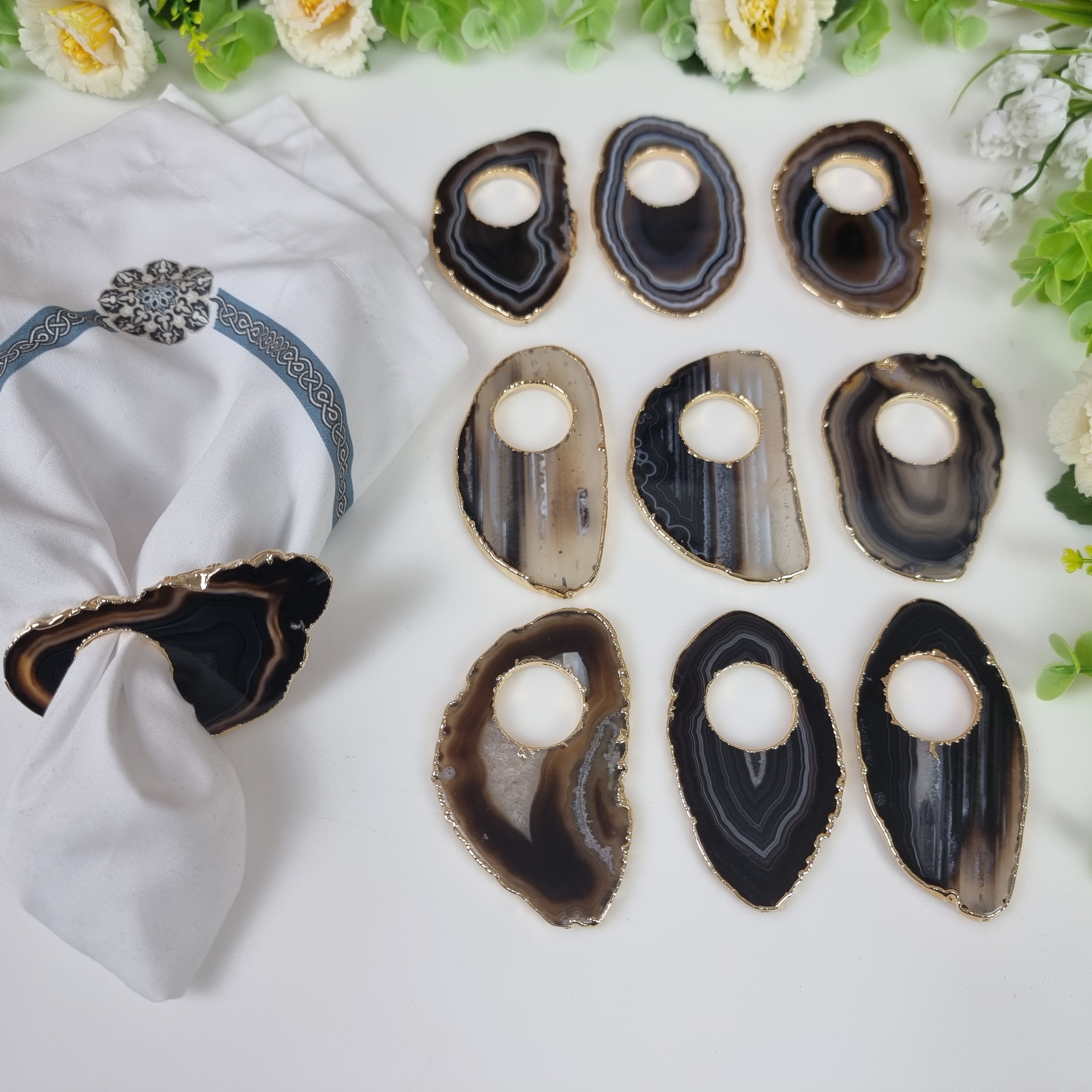 Porta Guardanapos de Ágatas COM Furo BANHO Dourado | Kit 10 Unidades, Tamanho 10 a 12 cm | Peça Artesanal BR Crystals