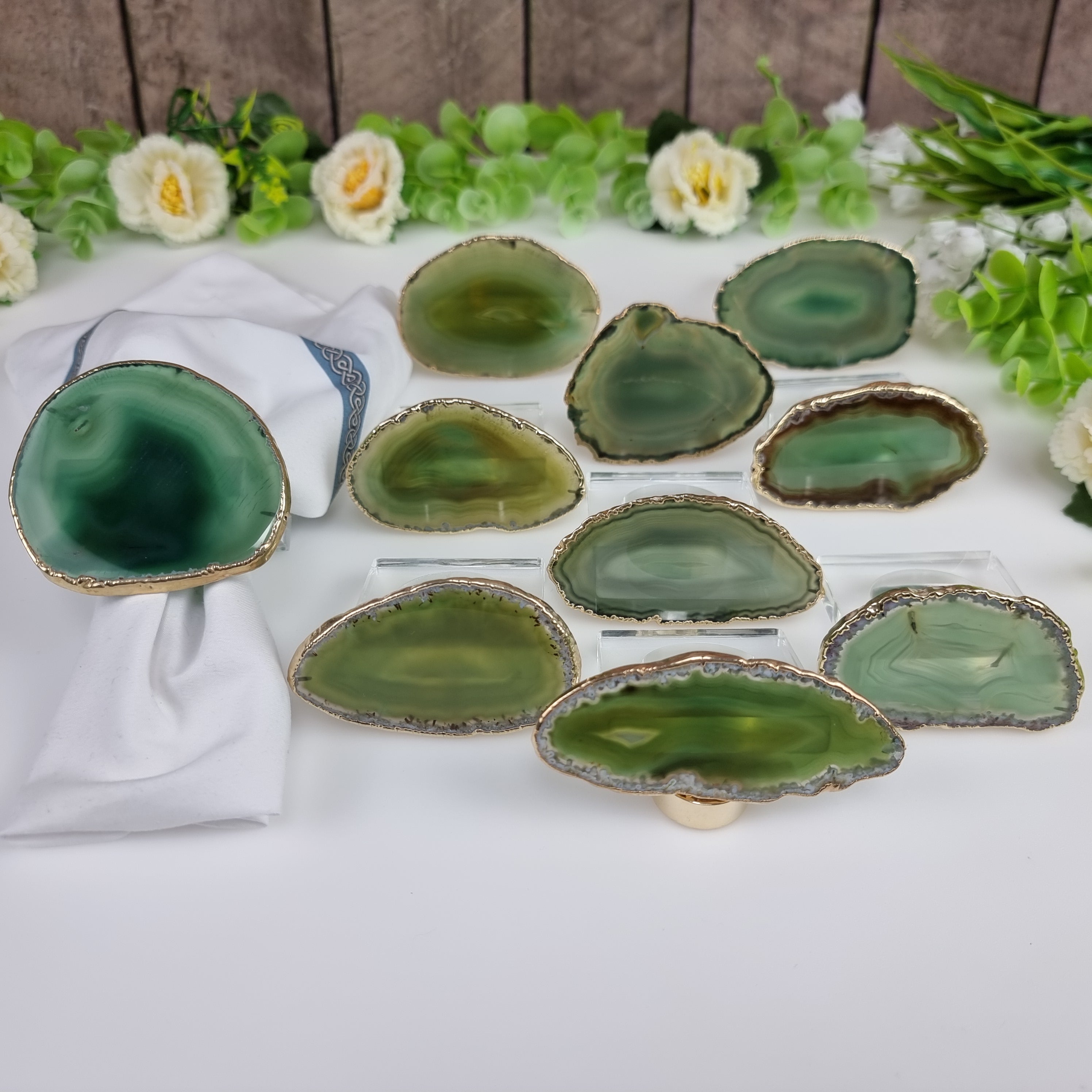 Anel de Guardanapos de Ágatas BANHO Dourado | Kit 10 Unidades, Tamanho 7 a 10 cm | Peça Artesanal BR Crystals