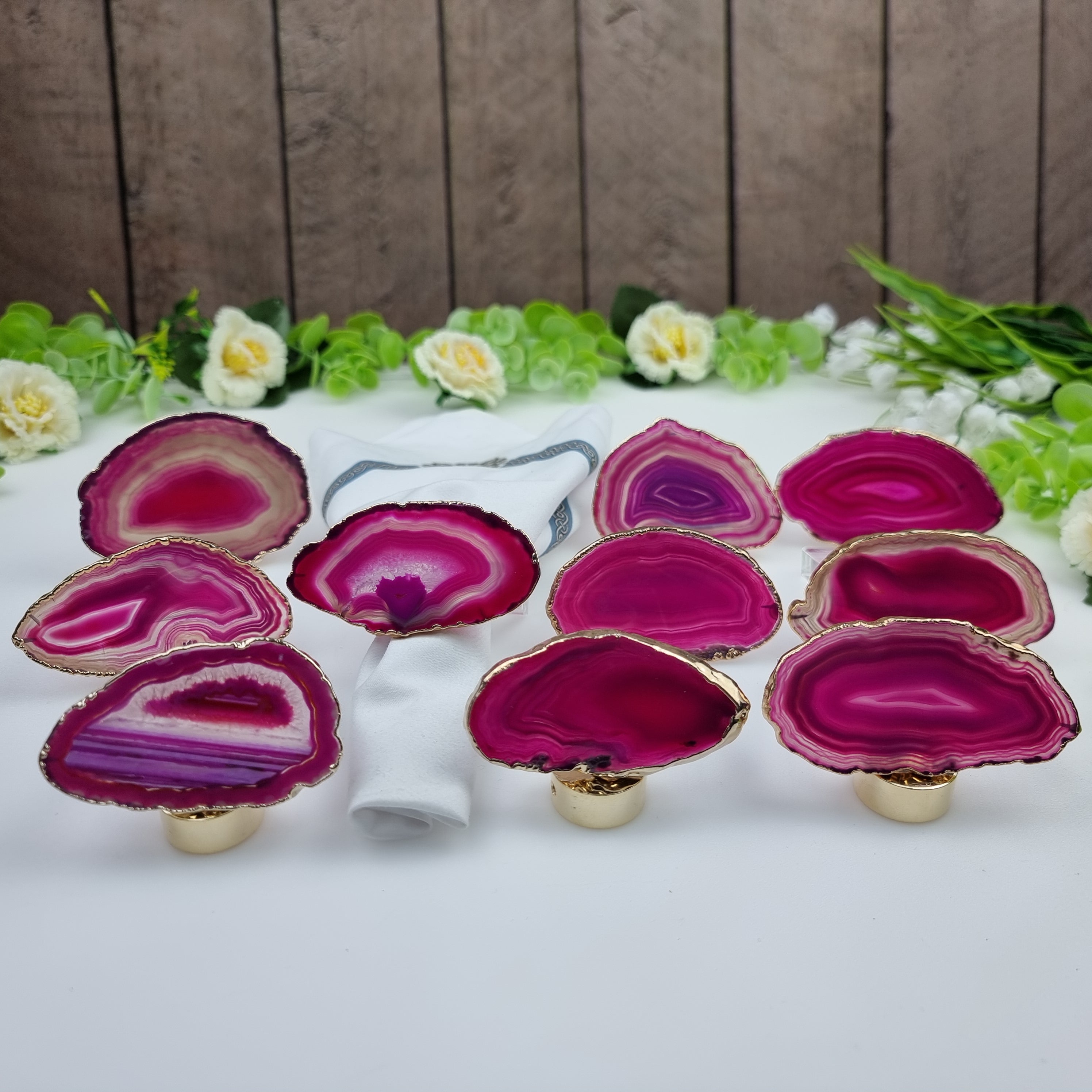 Anel de Guardanapos de Ágatas BANHO Dourado | Kit 10 Unidades, Tamanho 7 a 10 cm | Peça Artesanal BR Crystals