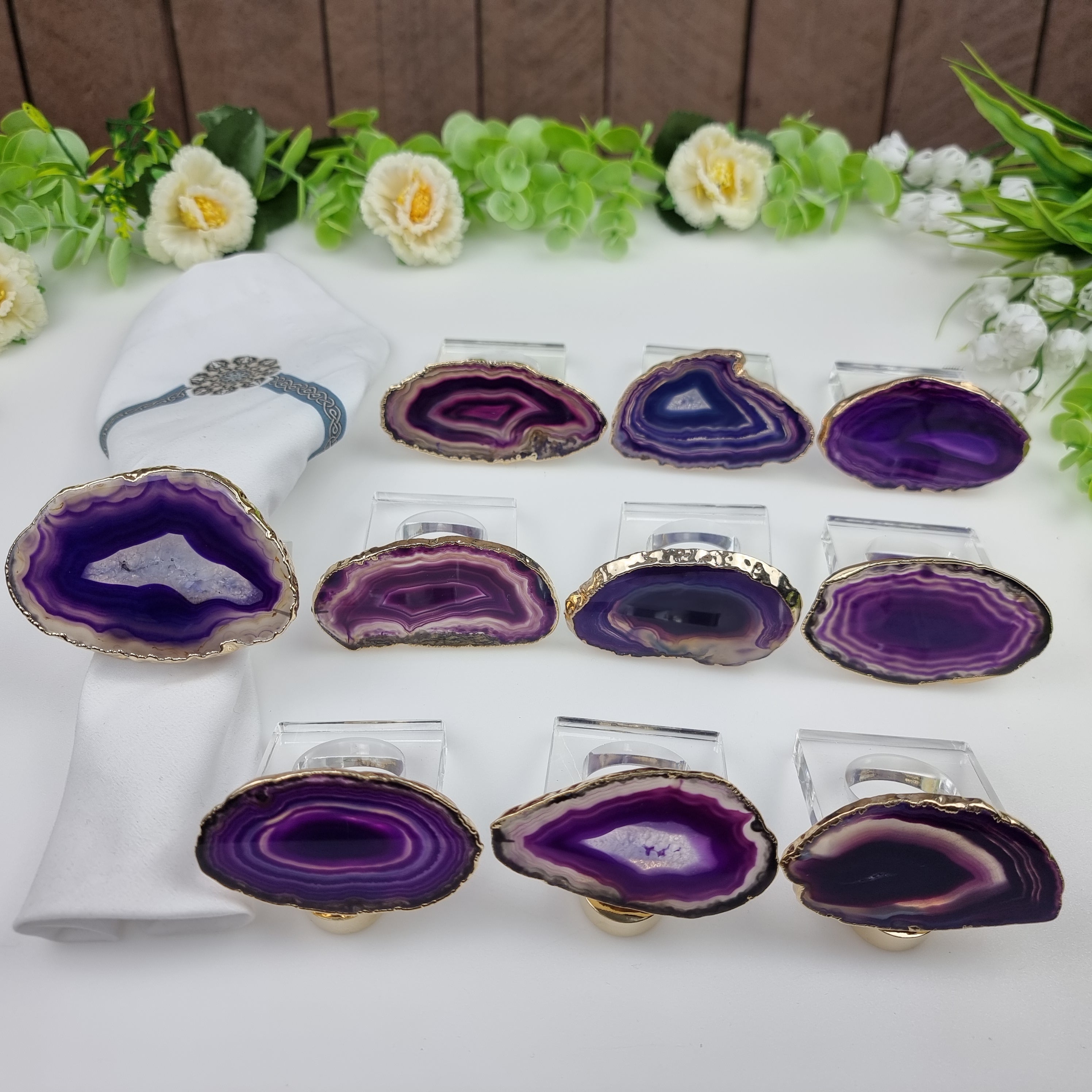 Anel de Guardanapos de Ágatas BANHO Dourado | Kit 10 Unidades, Tamanho 7 a 10 cm | Peça Artesanal BR Crystals