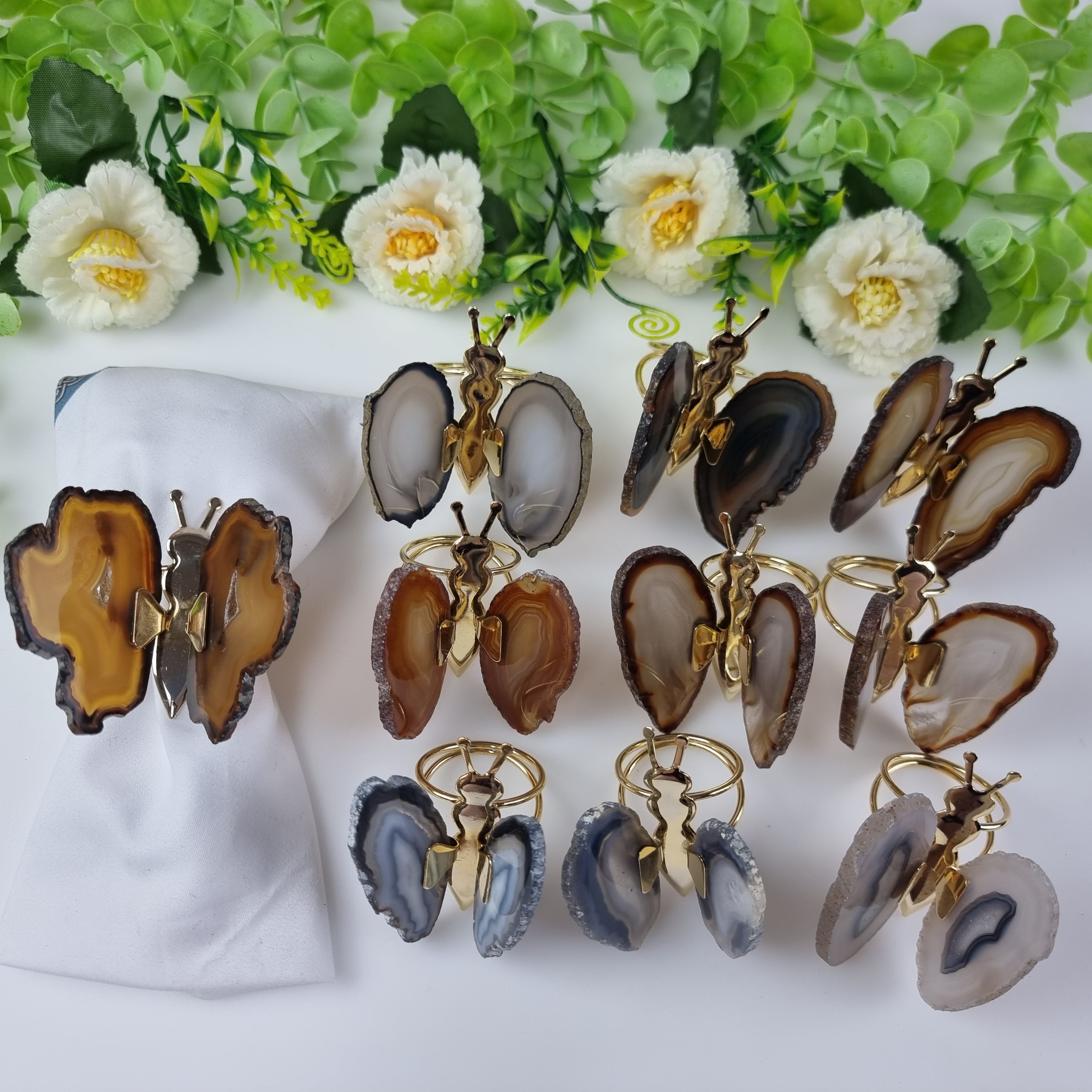 Servilletero Mariposa Ágata con base chapada en oro, 7 a 8 cm KIT 10 Piezas