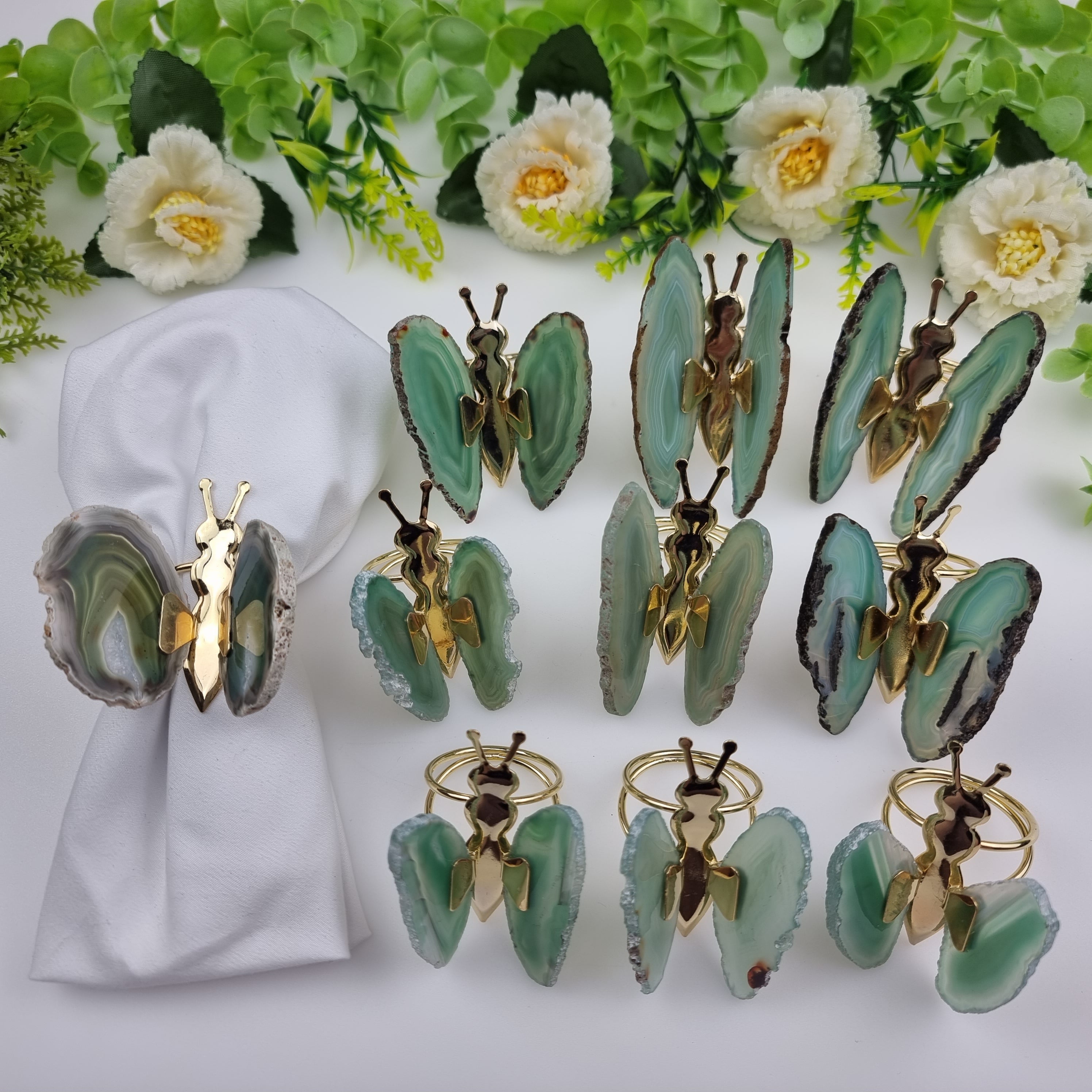 Porta Guardanapos de Ágatas Borboletas Inseto Dourado | Kit 10 Unidades, Tamanho 7 a 9 cm | Peça Artesanal BR Crystals