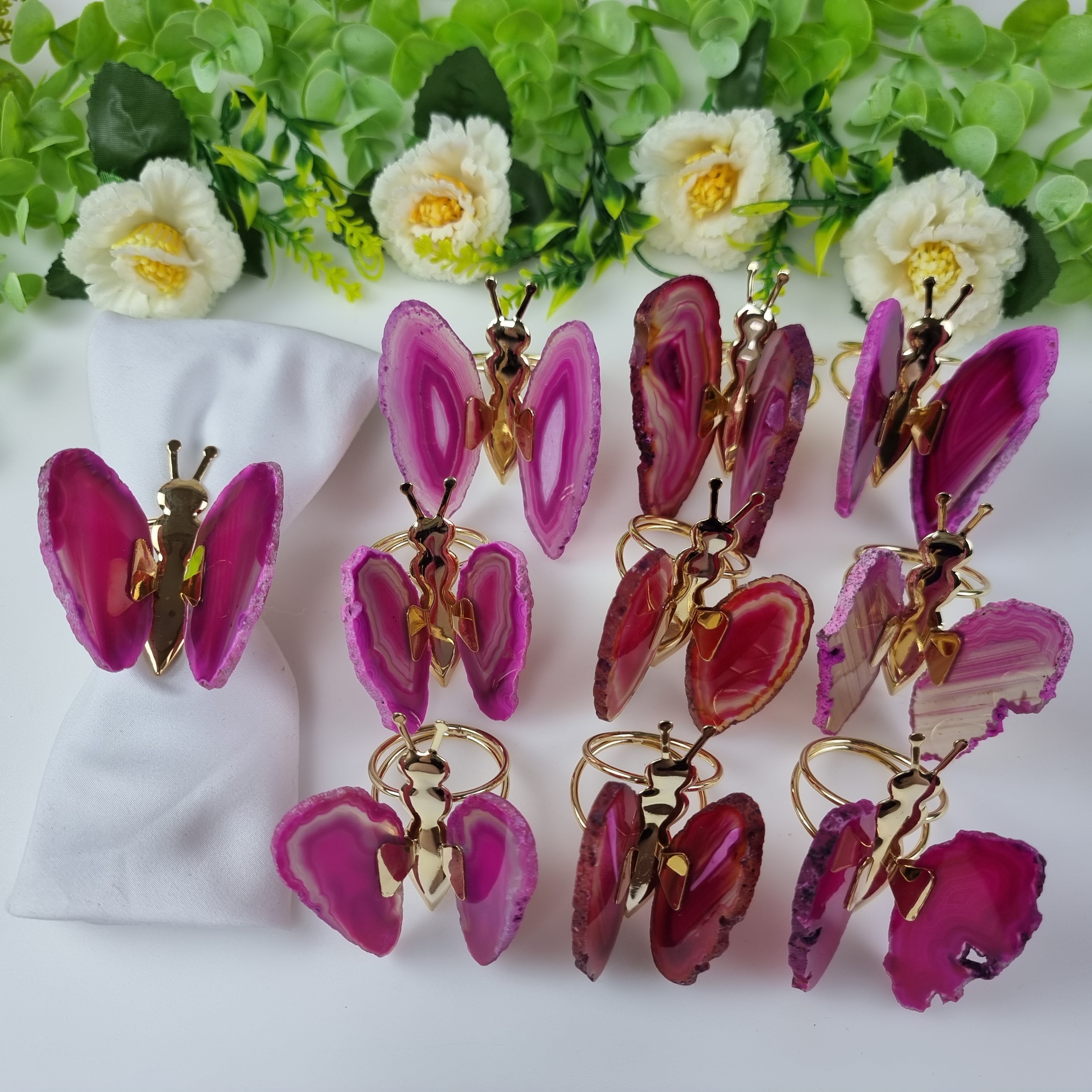 Porta Guardanapos de Ágatas Borboletas Inseto Dourado | Kit 10 Unidades, Tamanho 7 a 9 cm | Peça Artesanal BR Crystals