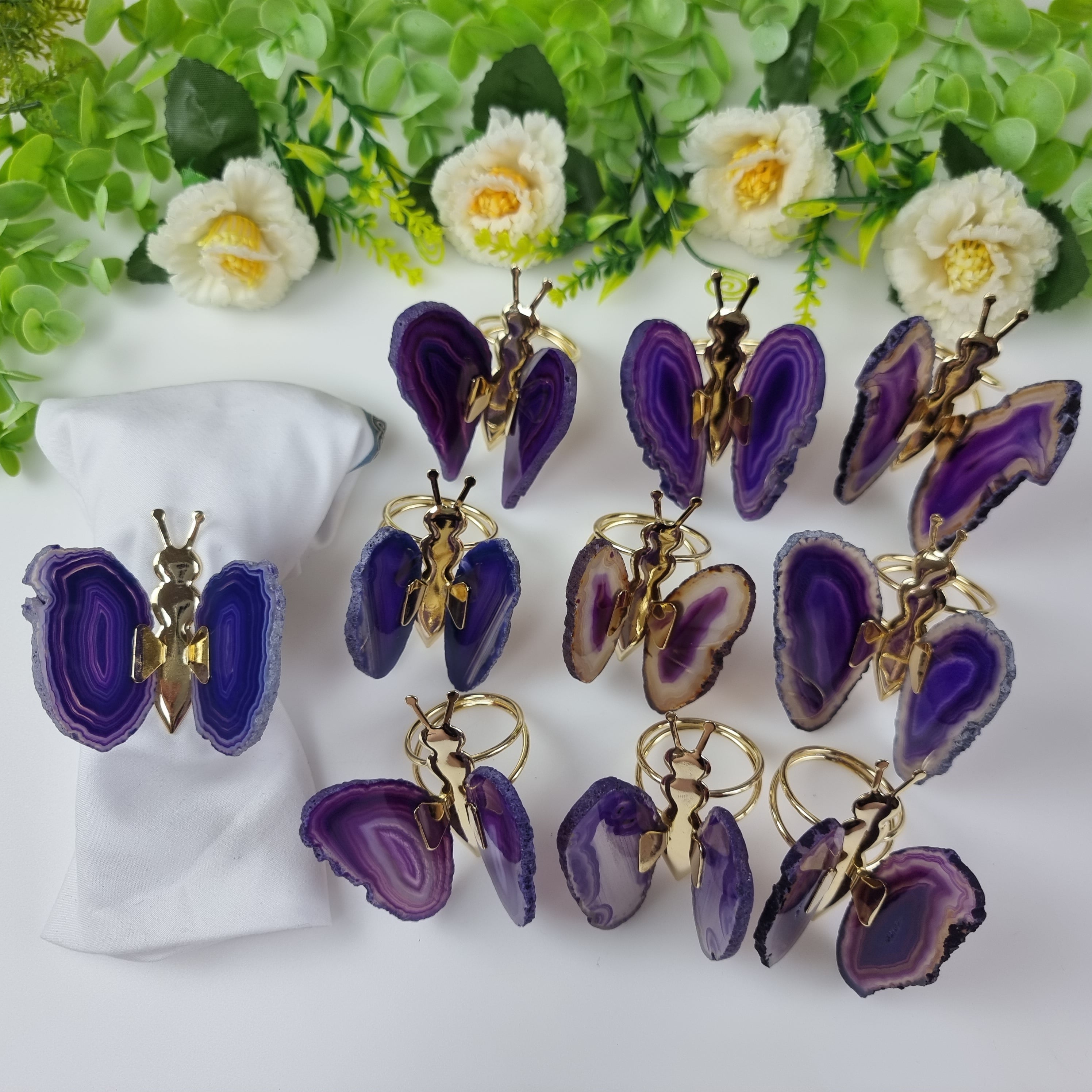 Porta Guardanapos de Ágatas Borboletas Inseto Dourado | Kit 10 Unidades, Tamanho 7 a 9 cm | Peça Artesanal BR Crystals