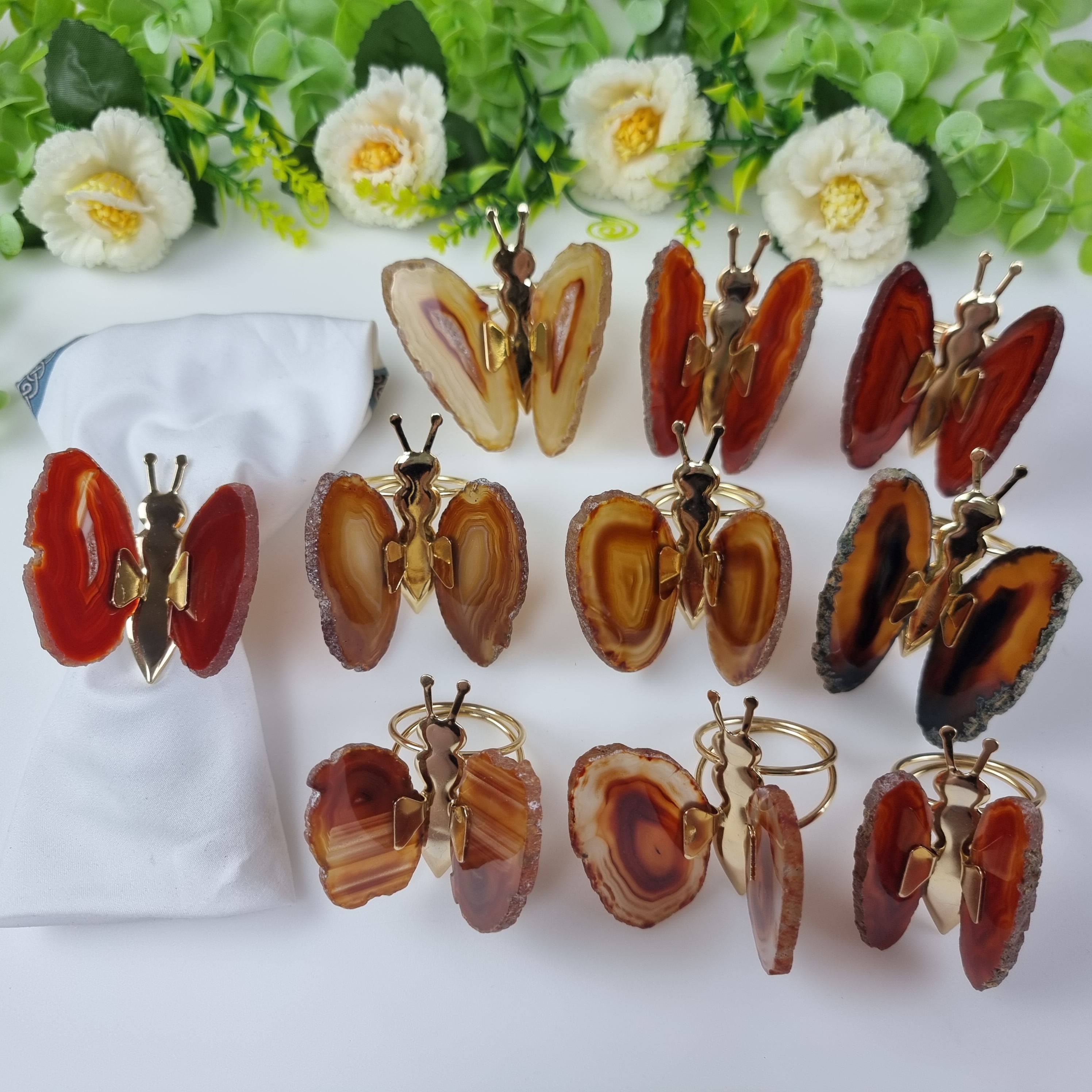 Porta Guardanapos de Ágatas Borboletas Inseto Dourado | Kit 10 Unidades, Tamanho 7 a 9 cm | Peça Artesanal BR Crystals