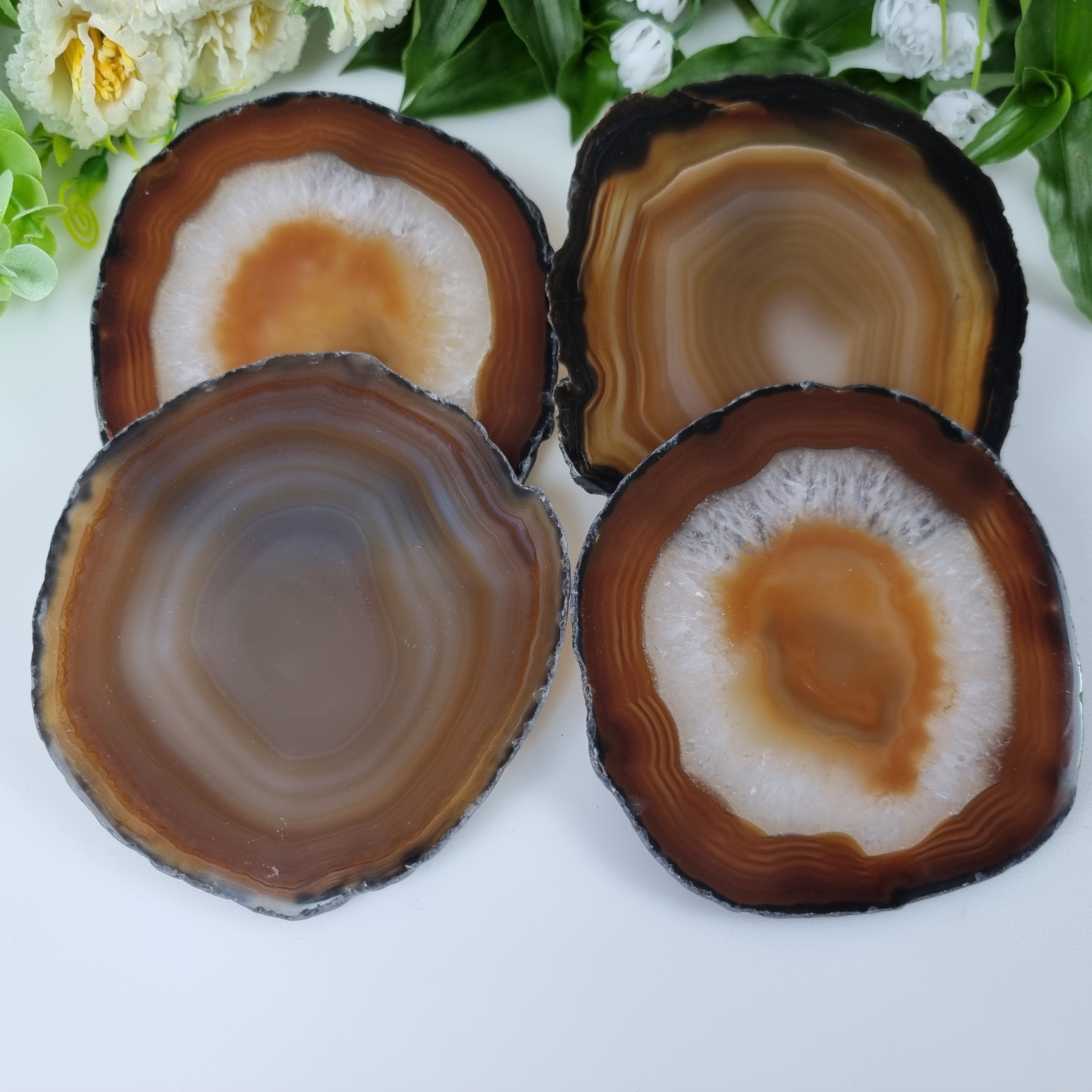 Posavasos de ágata natural tamaño 10 a 12 cm, kit de 4 piezas, peso total 0.500 kg