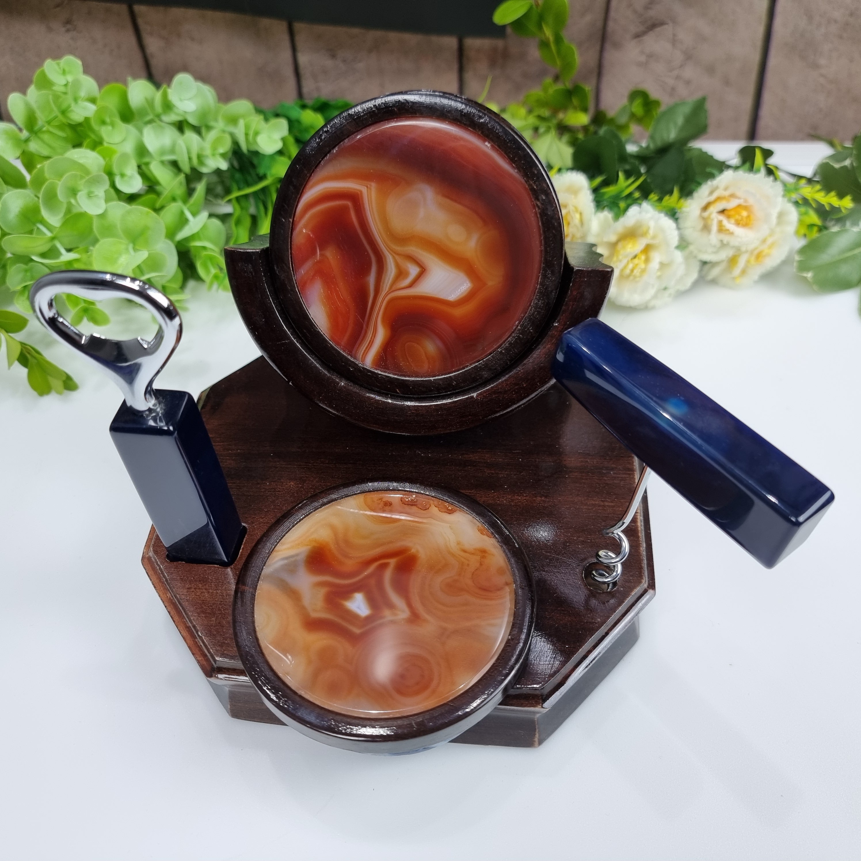 Porta copos ágatas KIT Bar com base madeira 6 unidades pedras naturais peso 1,8 kg