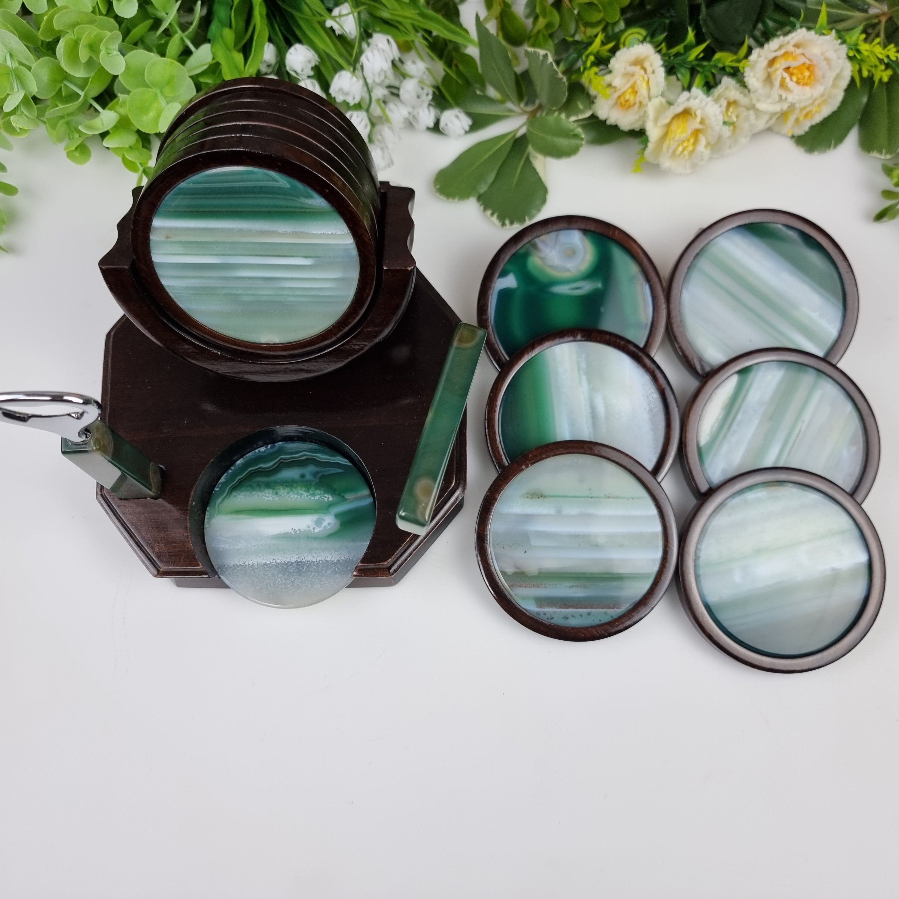 Porta copos ágatas KIT Bar com base madeira 6 unidades pedras naturais peso 1,8 kg