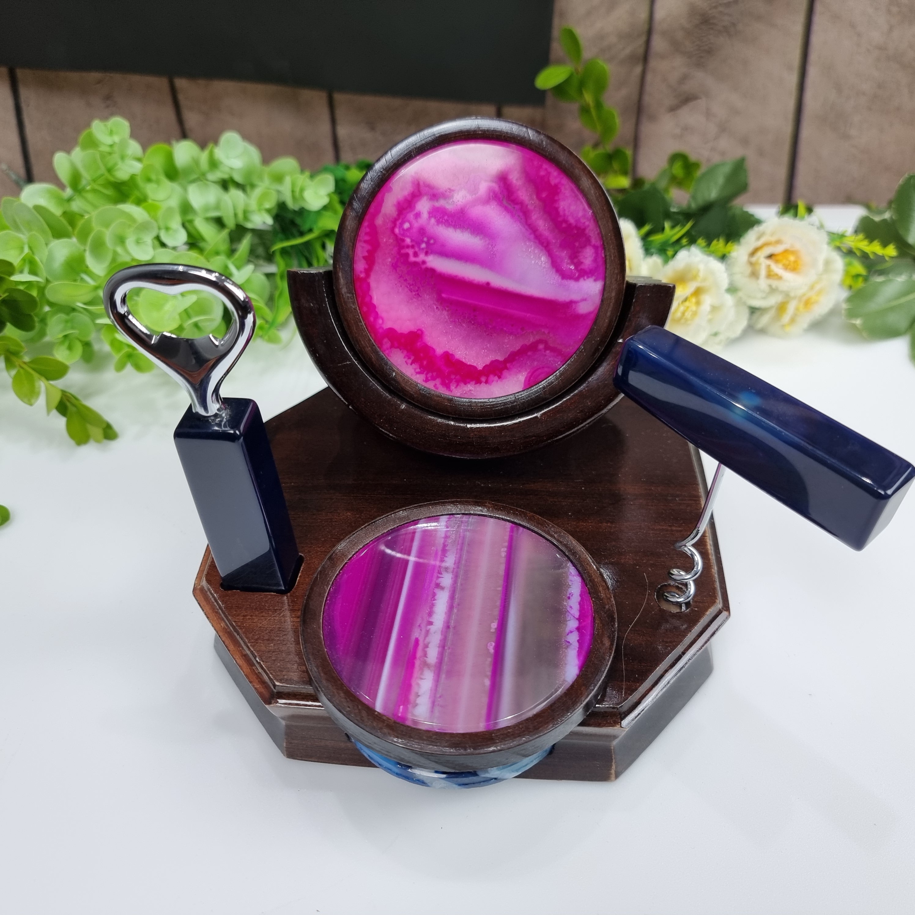 Porta copos ágatas KIT Bar com base madeira 6 unidades pedras naturais peso 1,8 kg