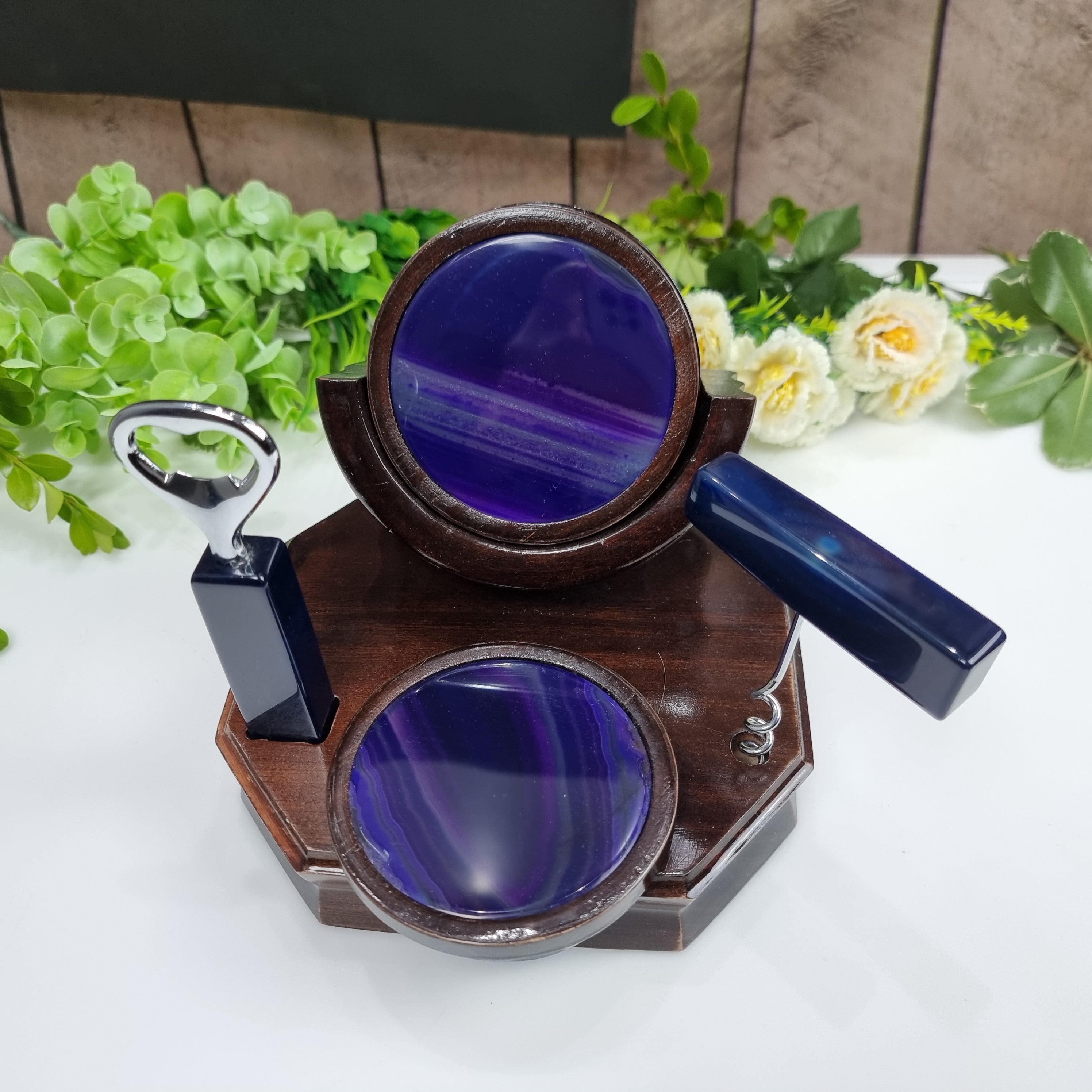 Porta copos ágatas KIT Bar com base madeira 6 unidades pedras naturais peso 1,8 kg