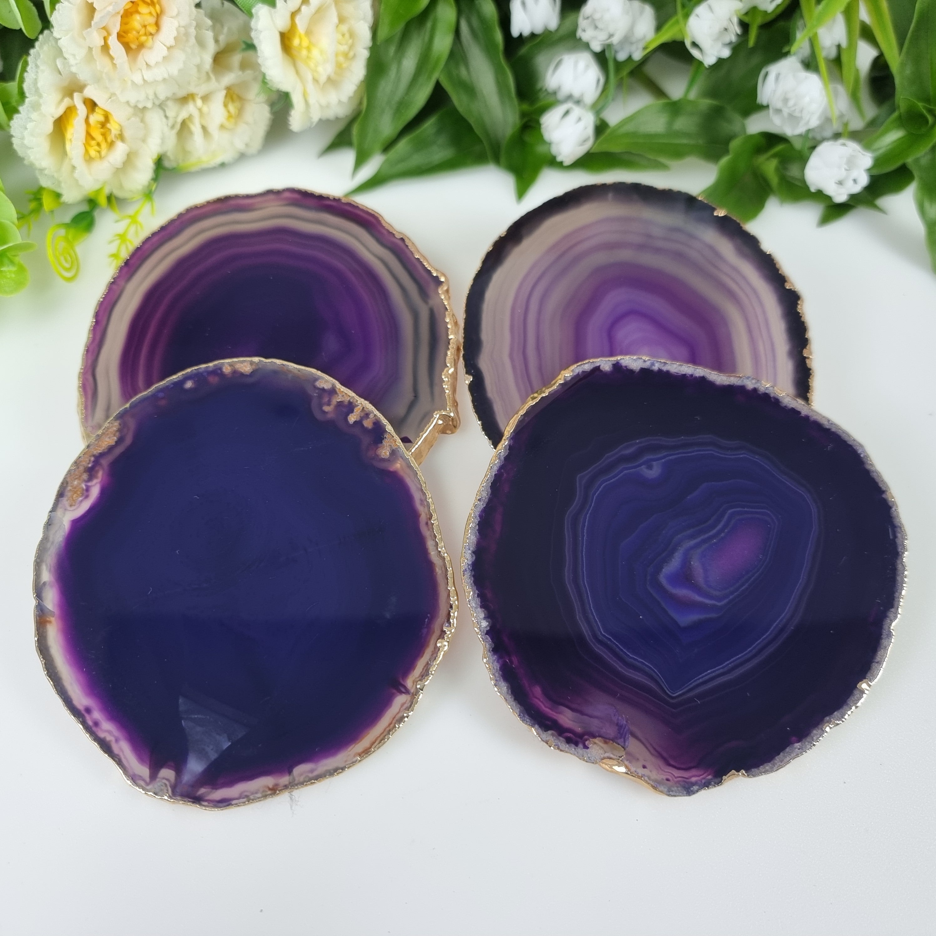 Porta Copos Ágatas Naturais BANHO DOURADO tam 10 a 12 cm kit 4 Pçs Peso 0,500 kg