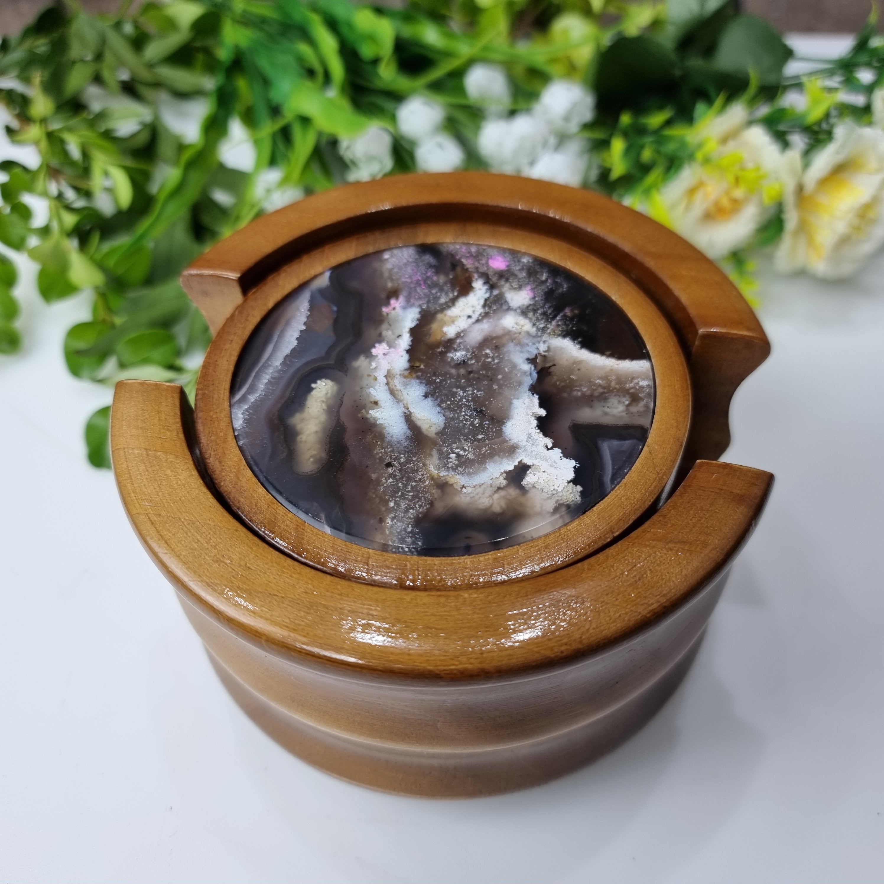 Porta Copos de ágatas KIT Especial com base de madeira 6 unidades pedras naturais 1,60 Kg