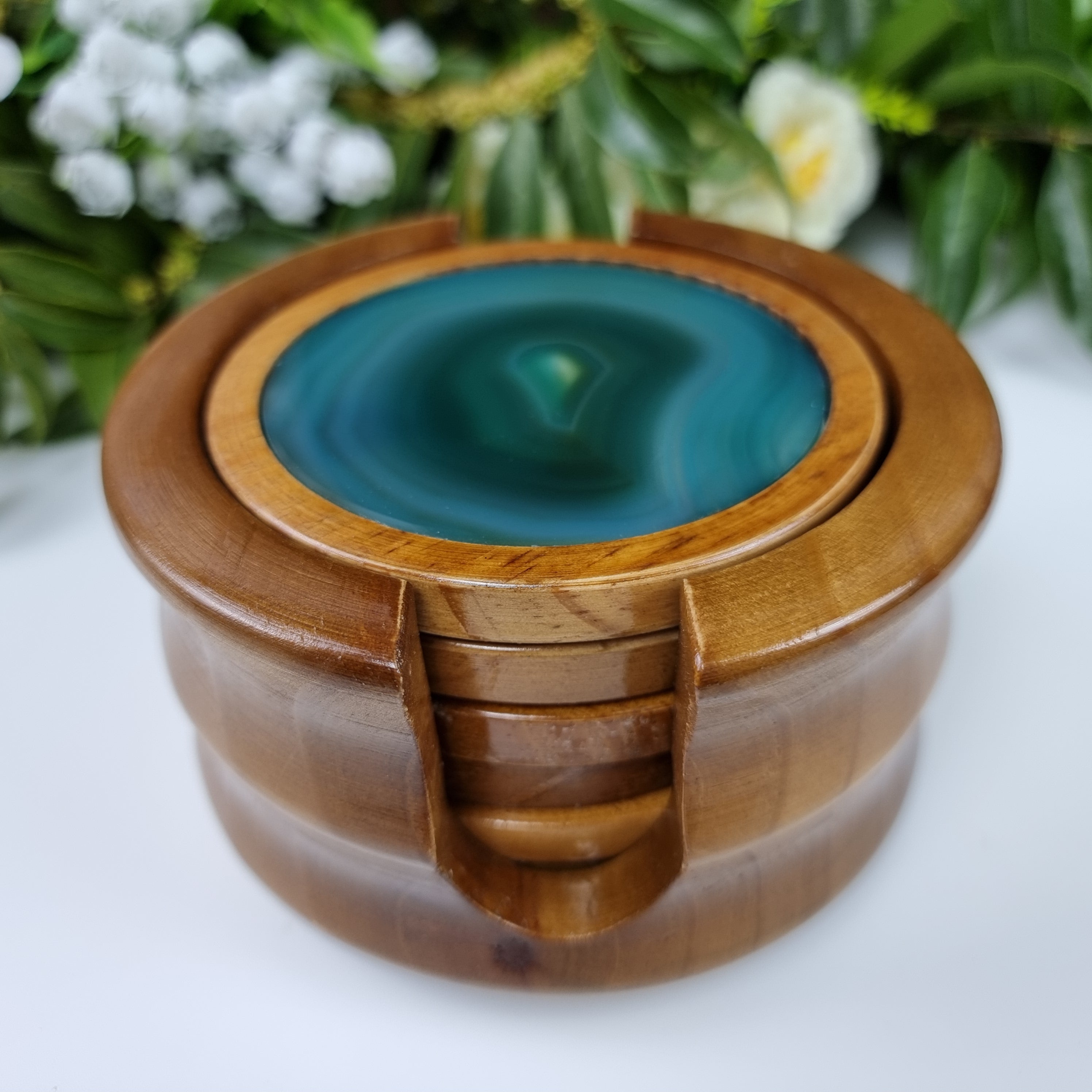 Porta Copos de ágatas KIT Especial com base de madeira 6 unidades pedras naturais 1,60 Kg