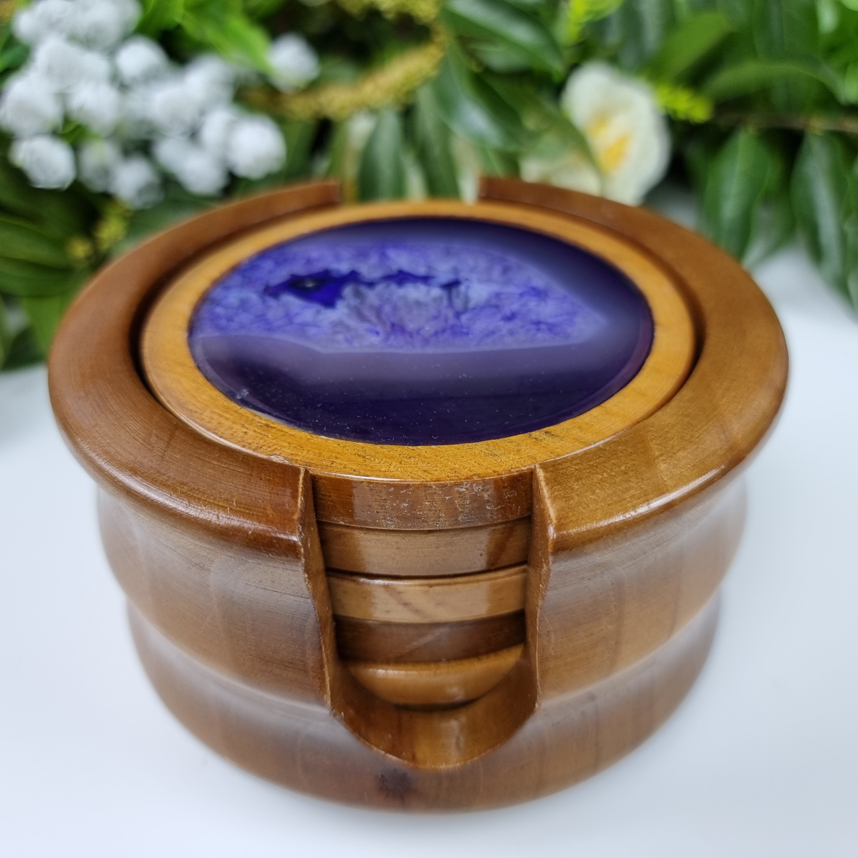 Porta Copos de ágatas KIT Especial com base de madeira 6 unidades pedras naturais 1,60 Kg