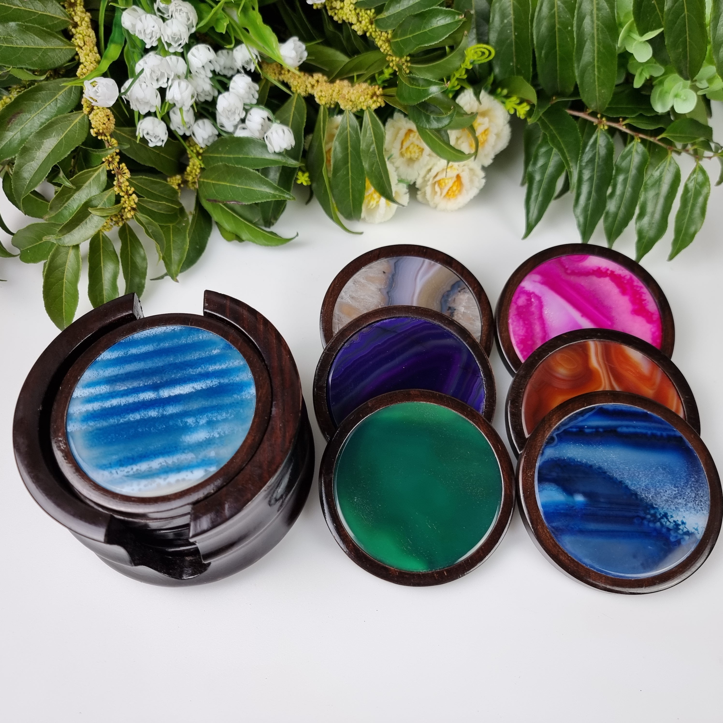 KIT posavasos ágata con base de madera 6 unidades piedras naturales 1,60 kg