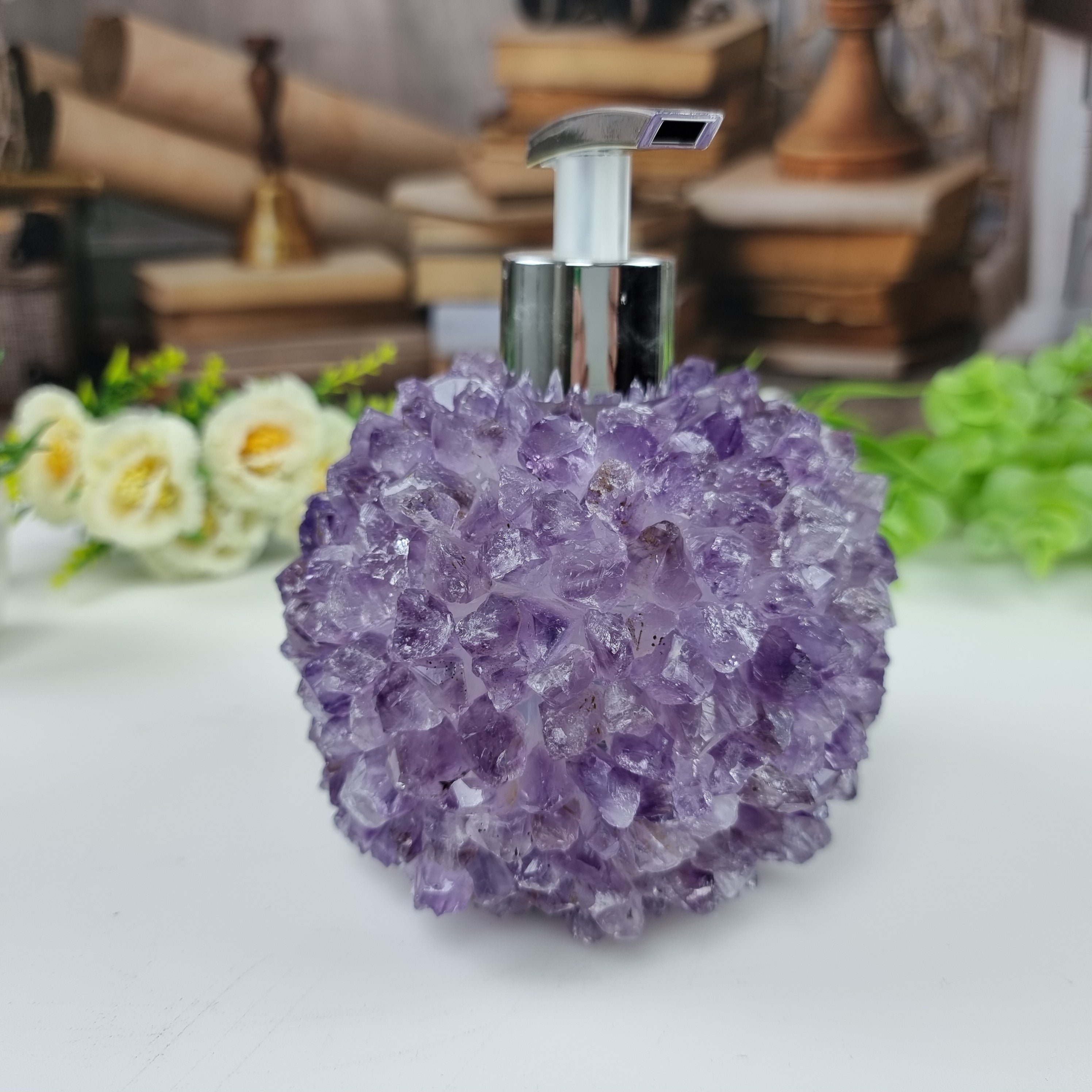 Saboneteira de Ametista Cristais | Altura 15 cm | Bocal Dourado e Prateado | Energia, Beleza e Sofisticação