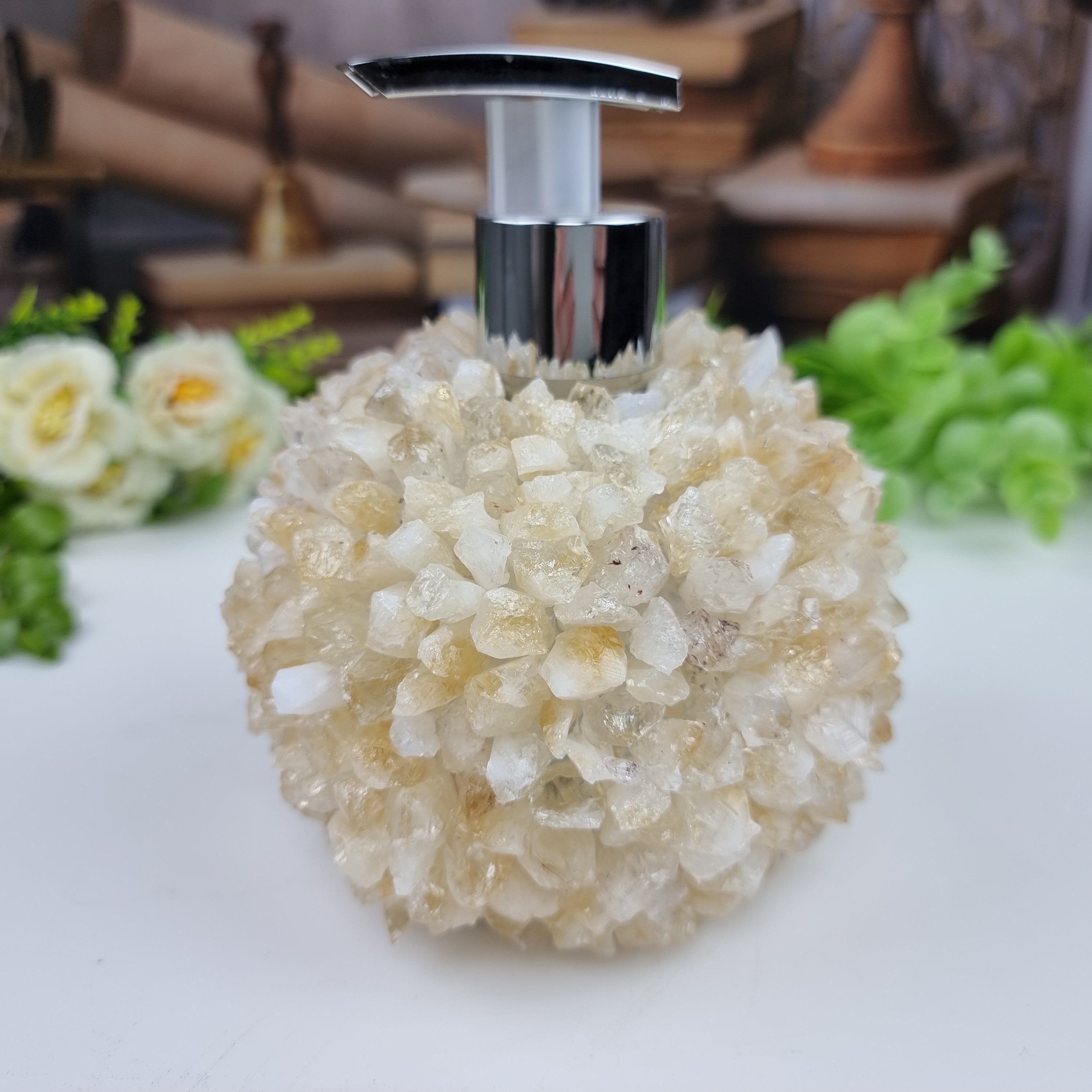 Saboneteira de CITRINO | Altura 15 cm | Bocal Dourado e Prateado | Energia, Beleza e Sofisticação