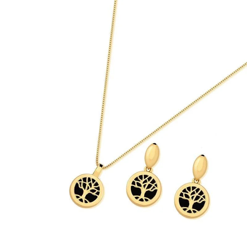 Conjunto Colar e Brinco Folhado a Ouro Árvore da Vida