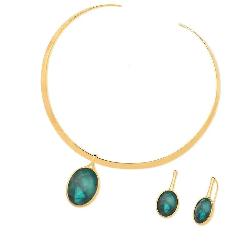 Conjunto Esmeralda Colar e Brinco Folhado a Ouro