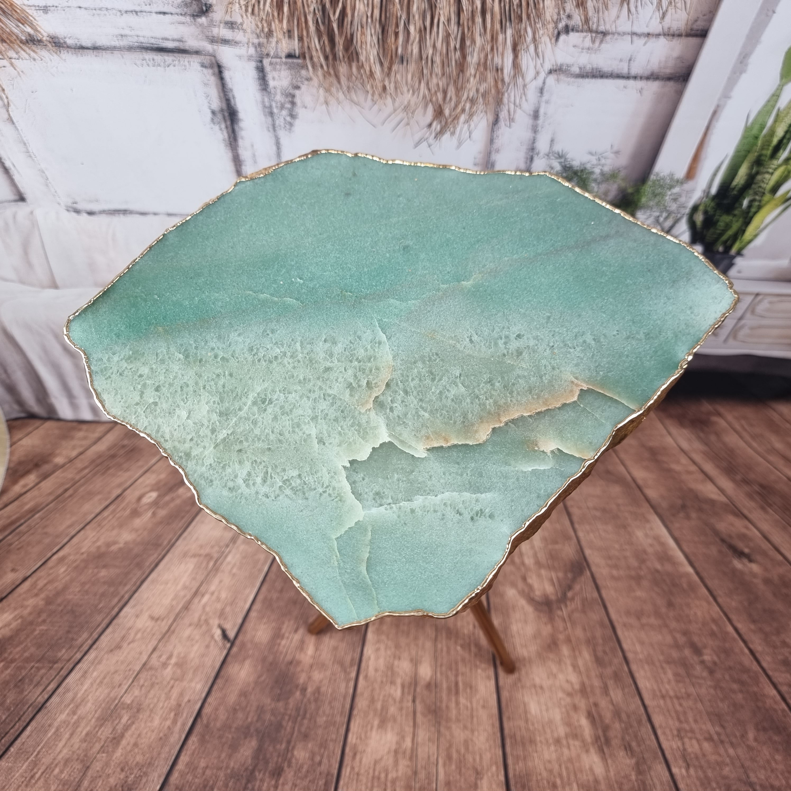 Green Quartz Side Table with golden base 60 cm high, total weight 5 kg