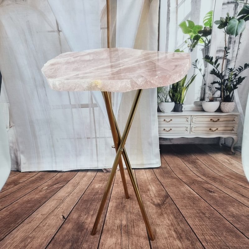 Rose Quartz Side Table with golden base 60 cm height, total weight 5 kg