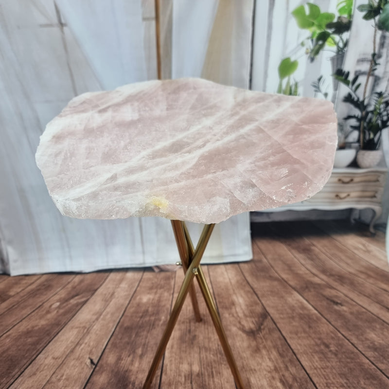 Rose Quartz Side Table with golden base 60 cm height, total weight 5 kg