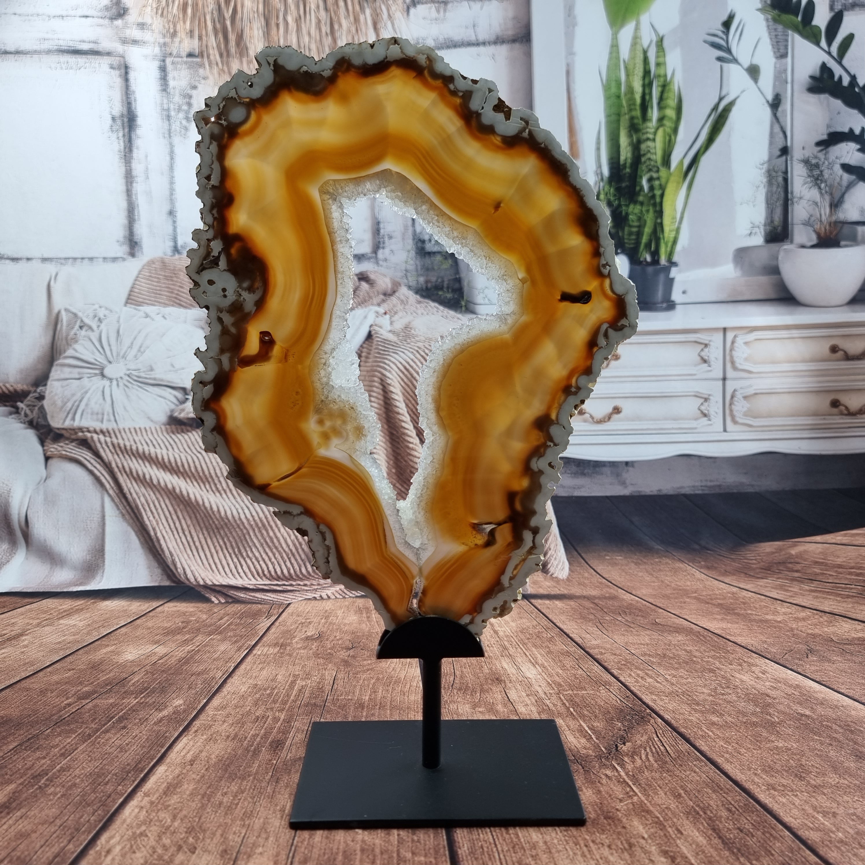 Chapa de Ágata SUPER ESPECIAL | Base de Ferro Preta | Altura 36,5 cm,  1 Unidade | Peça Artesanal BR Crystals