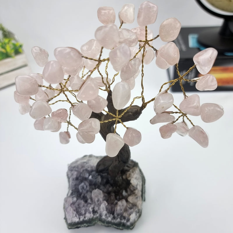 Árvore de QUARTZO ROSA Natural | 60 Pedras, 12 galhos | Base de Ametista com 15 cm altura - Peça Artesanal BR Crystals