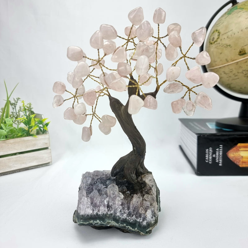 Árvore de QUARTZO ROSA Natural | 60 Pedras, 12 galhos | Base de Ametista com 15 cm altura - Peça Artesanal BR Crystals