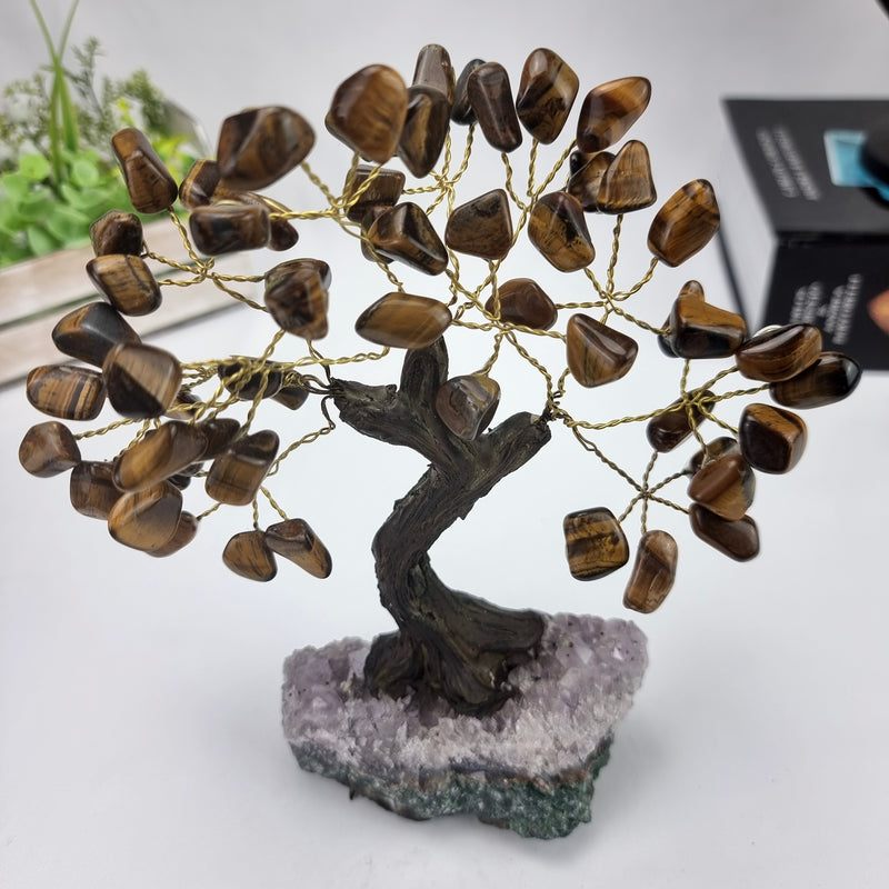 Árvore de OLHO DE TIGRE Natural | 60 Pedras, 12 galhos | Base de Ametista com 15 cm altura - Peça Artesanal BR Crystals