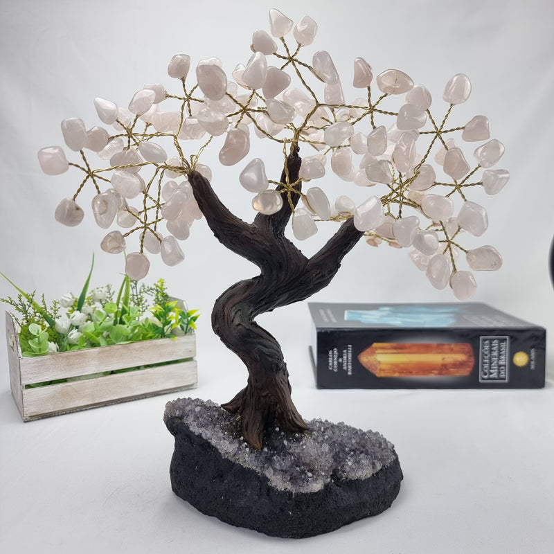 Árvore de QUARTZO ROSA Natural | 120 Pedras, 24 galhos | Base de Ametista com 20 cm altura - Peça Artesanal BR Crystals