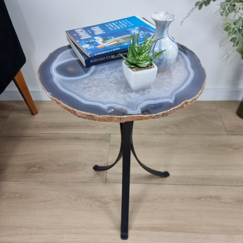 Mesa Lateral Ágatas Naturais Chapas GROSSAS base ferro 60 cm altura