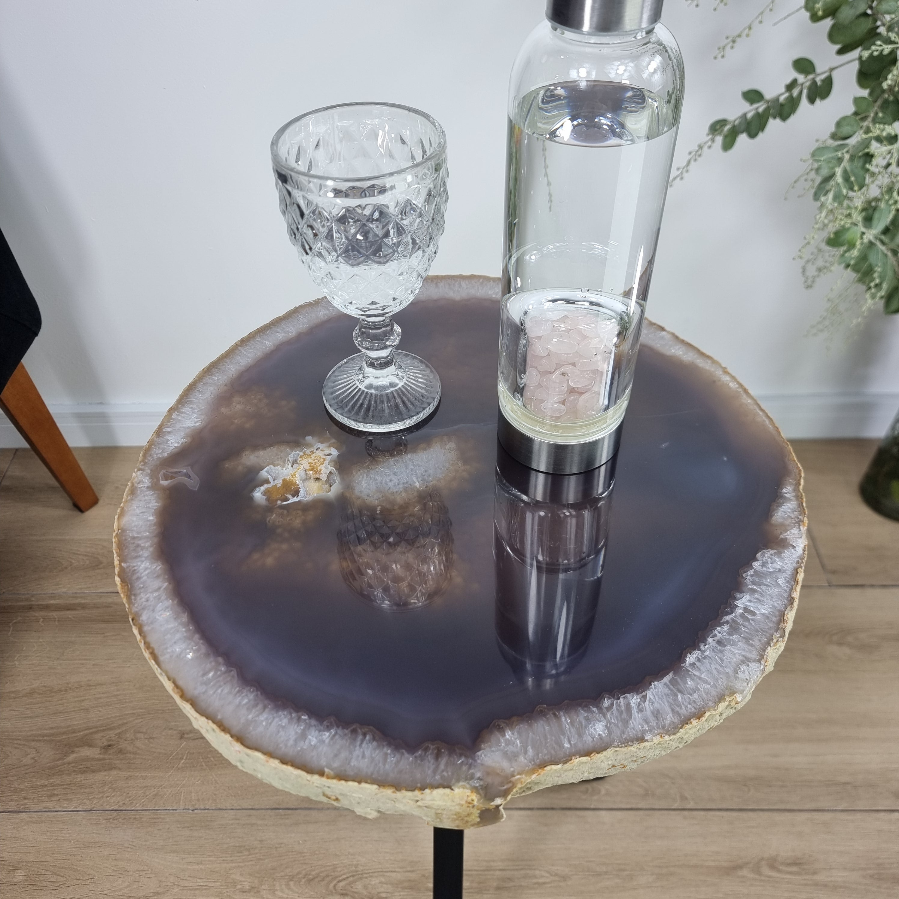 Side Table Natural Agates Thin Plates golden base 60 cm high, total weight 5 kg