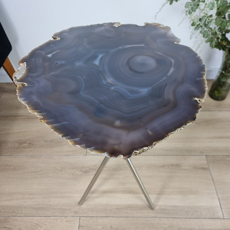 Mesa Lateral de Ágatas Chapas Finas Base Prata 60 cm Altura, Peso 5 kgs