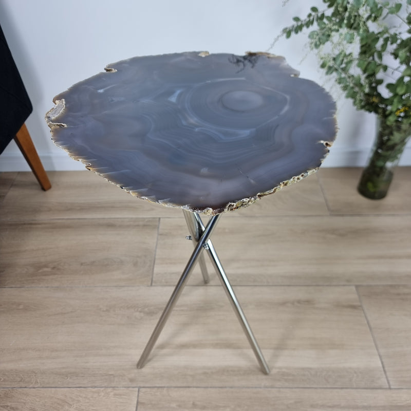 Mesa Lateral de Ágatas Chapas Finas Base Prata 60 cm Altura, Peso 5 kgs