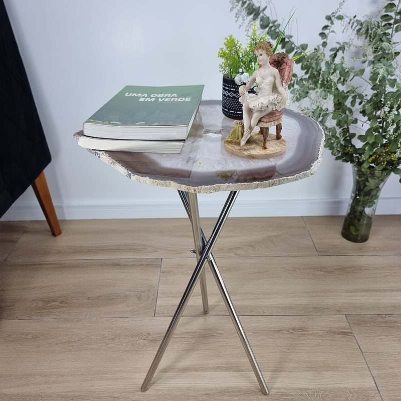 Mesa Lateral Ágatas Naturais Base Prata 60 cm altura com 5 kgs