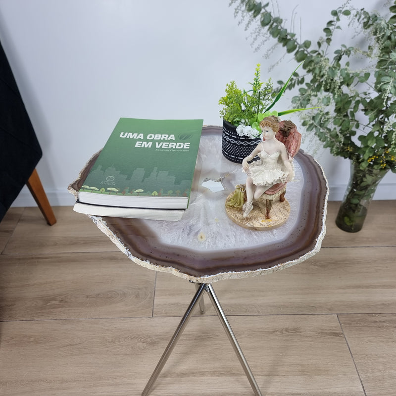 Mesa Lateral Ágatas Naturais Base Prata 60 cm altura com 5 kgs