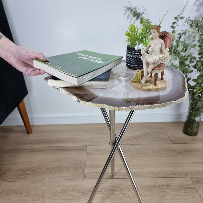 Mesa Lateral Ágatas Naturais Base Prata 60 cm altura com 5 kgs