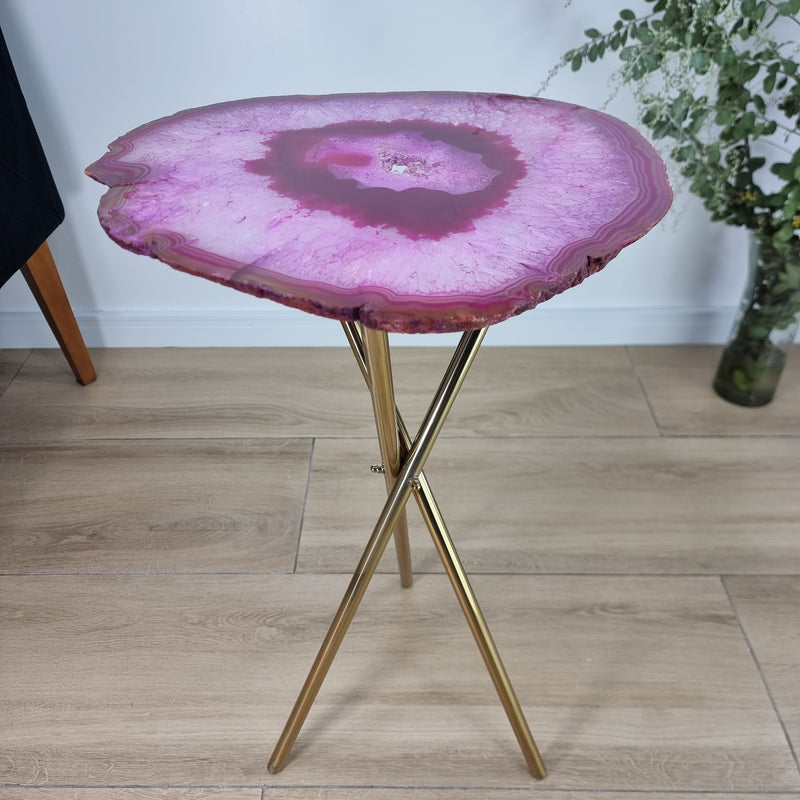 Mesa Lateral de Ágatas Chapas Finas Base dourada 60 cm Altura, Peso 5 kgs