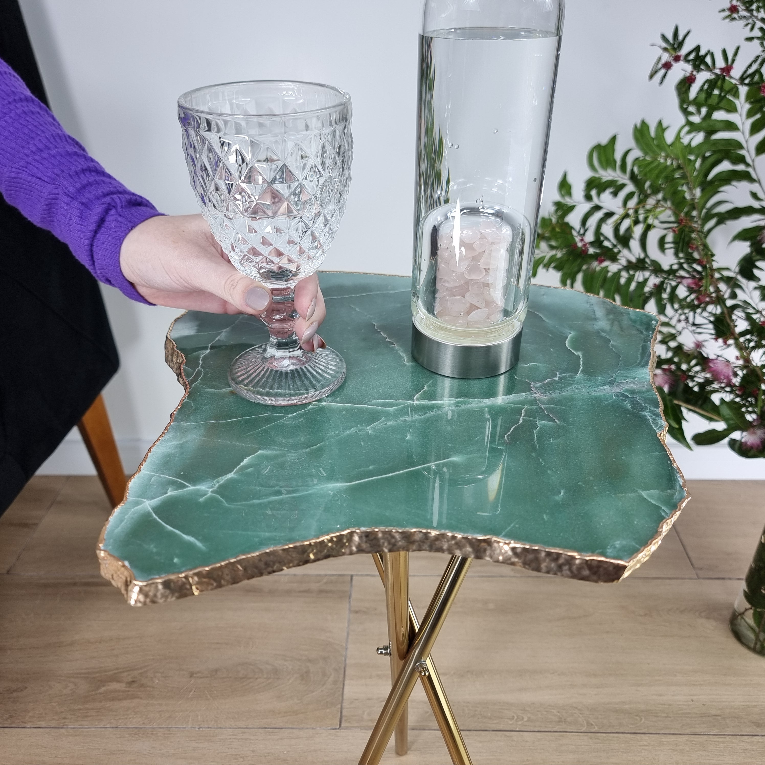 Green Quartz Side Table with golden base 60 cm high, total weight 5 kg