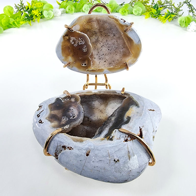 Polished Agate Geodes Jewelry Holder with Crystals One Piece