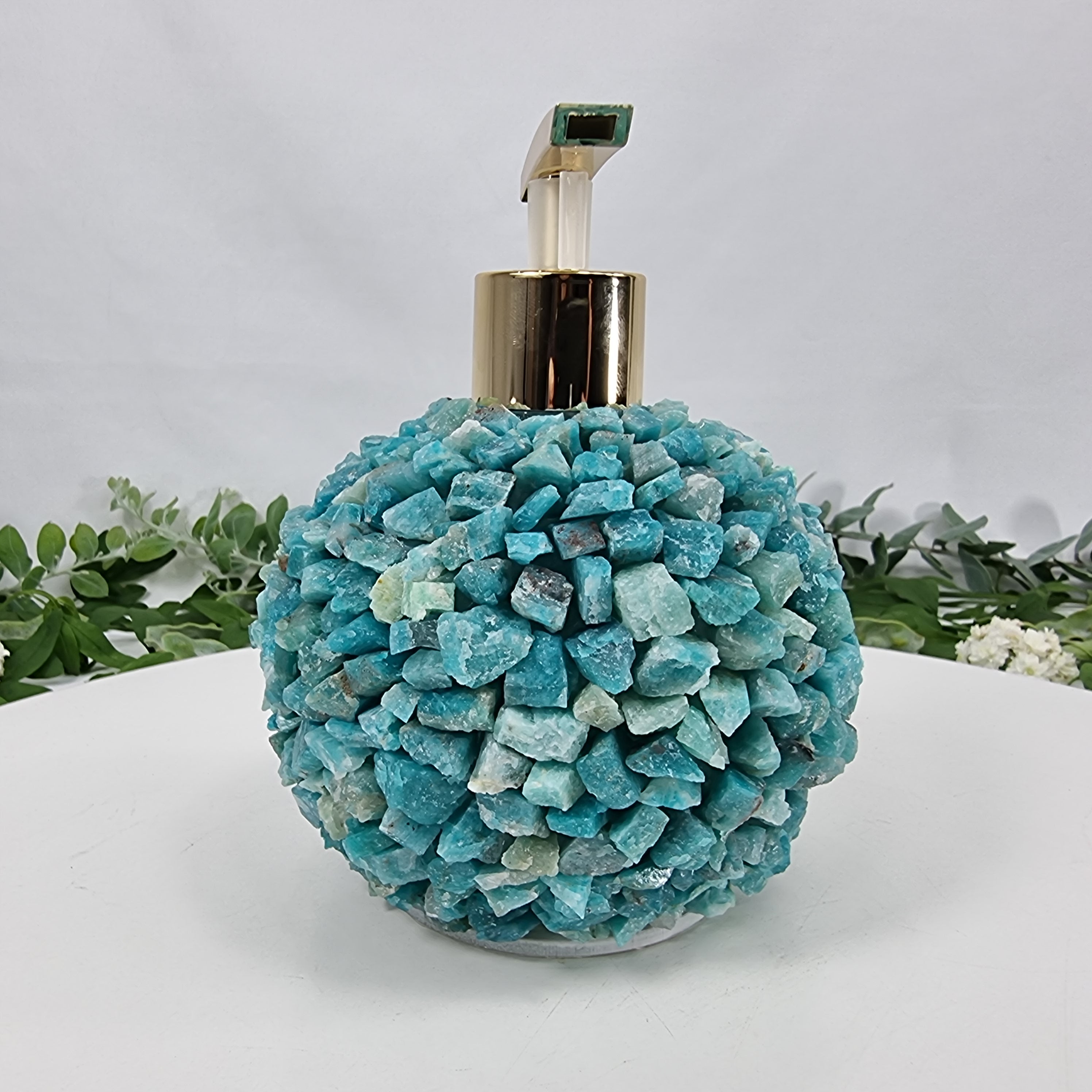 Saboneteira de Amazonita Natural | Qualidade Extra altura 15 cm | Bocal Dourado e Prateado | Energia, Beleza e Sofisticação