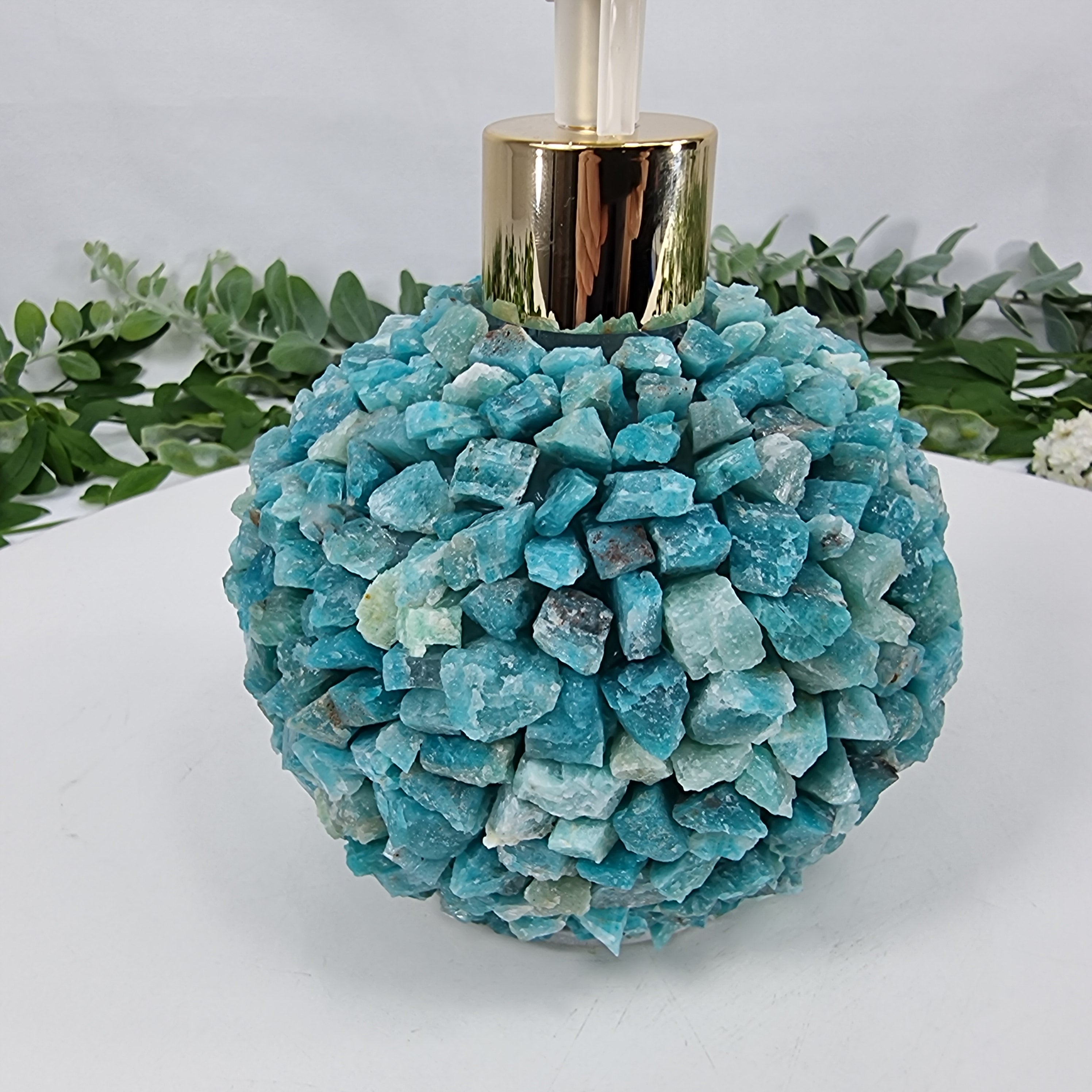 Saboneteira de Amazonita Natural | Qualidade Extra altura 15 cm | Bocal Dourado e Prateado | Energia, Beleza e Sofisticação