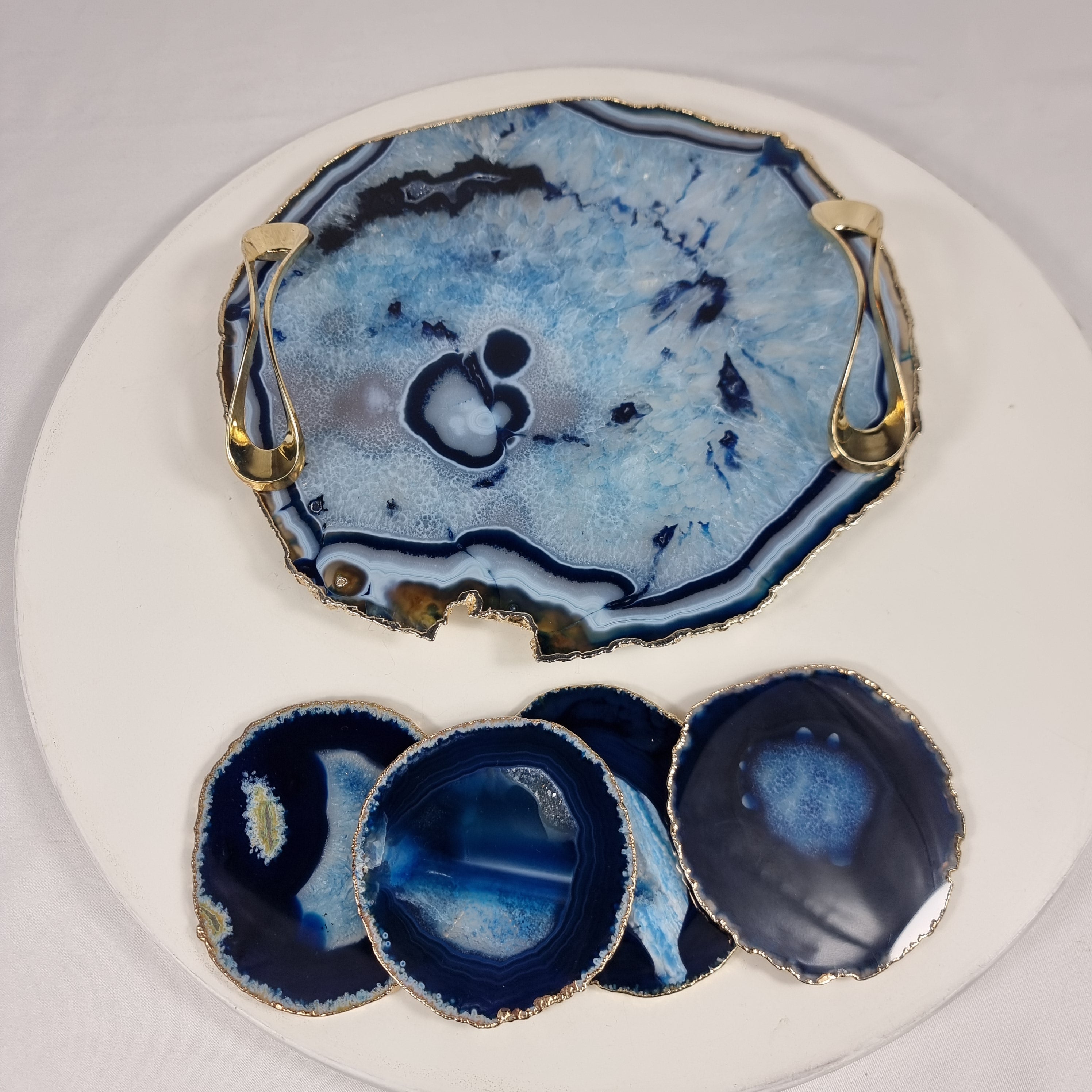 Bandeja com Porta Copos de Ágatas AZUIS com Puxadores| 5 Unidades | Tamanho 30 cm | Peça Artesanal BR Crystals