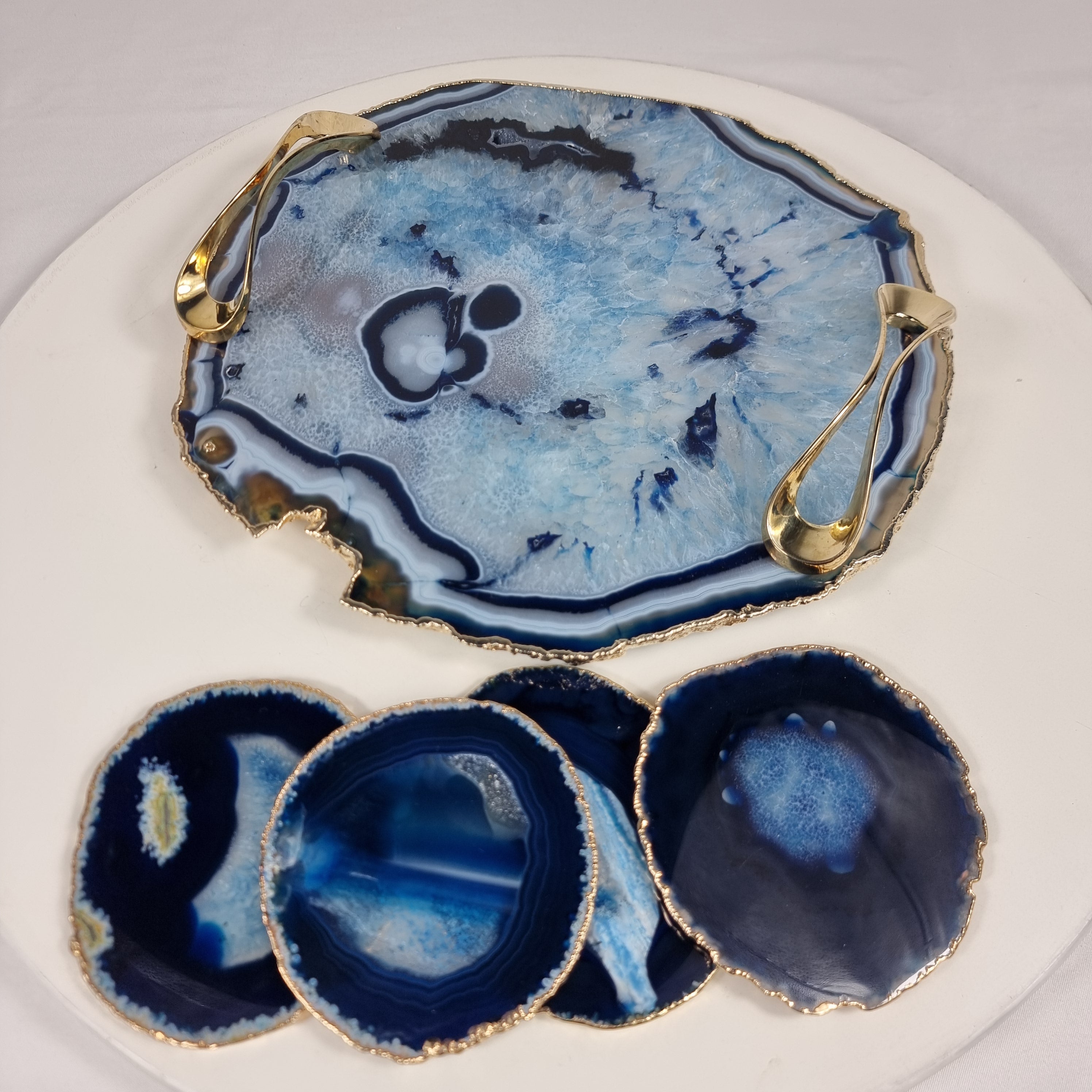 Bandeja com Porta Copos de Ágatas AZUIS com Puxadores| 5 Unidades | Tamanho 30 cm | Peça Artesanal BR Crystals
