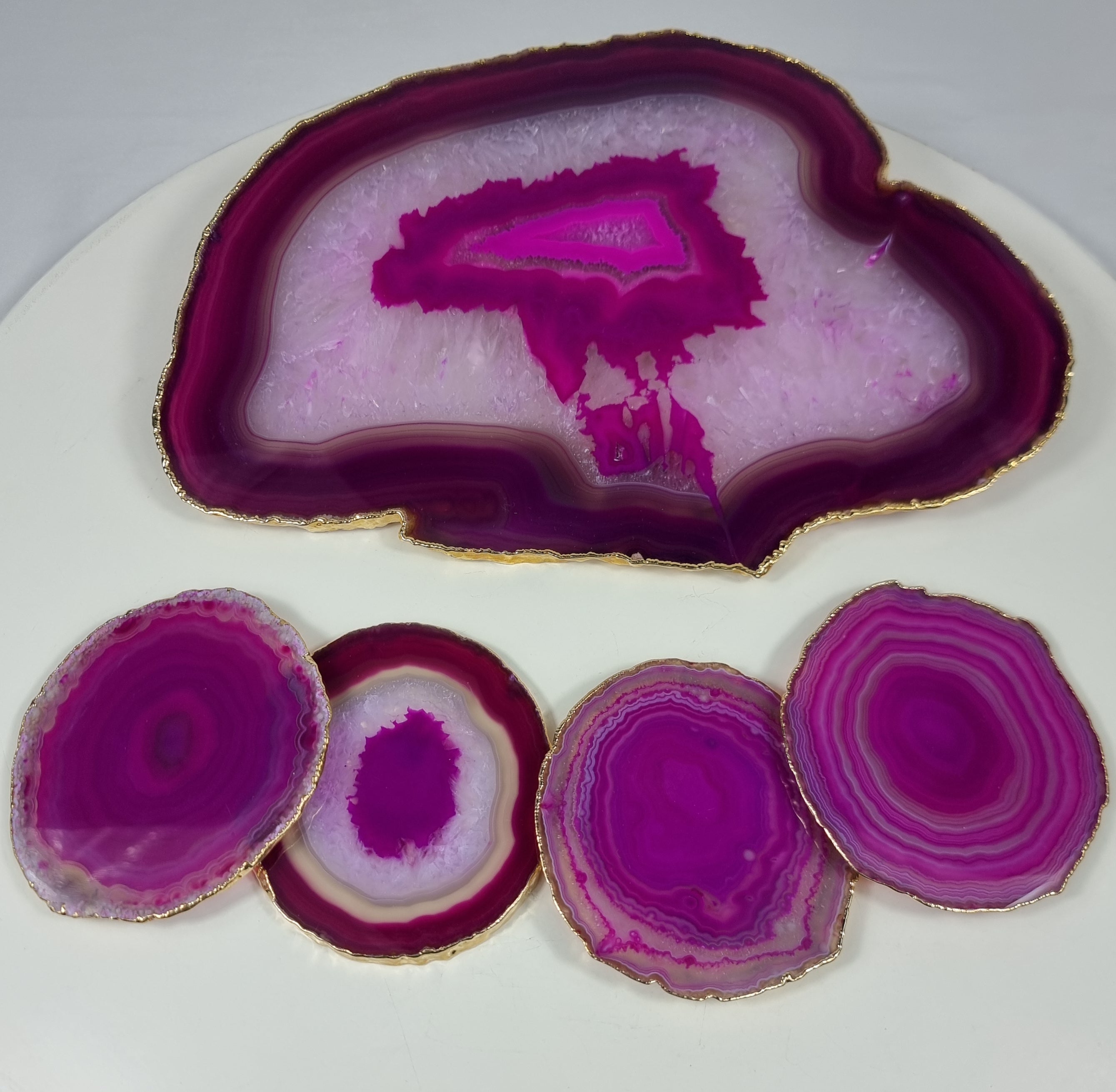 Bandeja com Porta Copos de Ágatas PINK | 5 Unidades | Tamanho 30 cm | Peça Artesanal BR Crystals