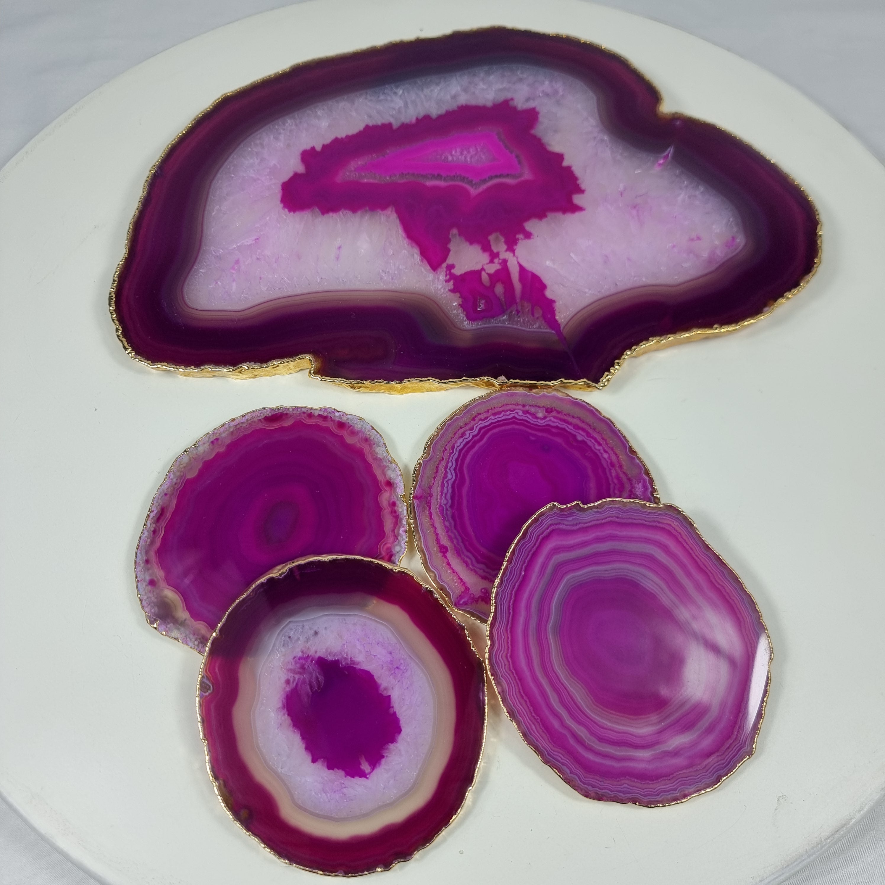 Bandeja com Porta Copos de Ágatas PINK | 5 Unidades | Tamanho 30 cm | Peça Artesanal BR Crystals