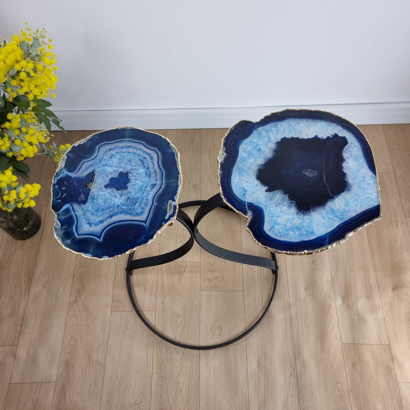 Mesa Lateral (PAR) Ágatas Naturais Chapas FINAS com Banho Dourado base ferro 60 cm Alt