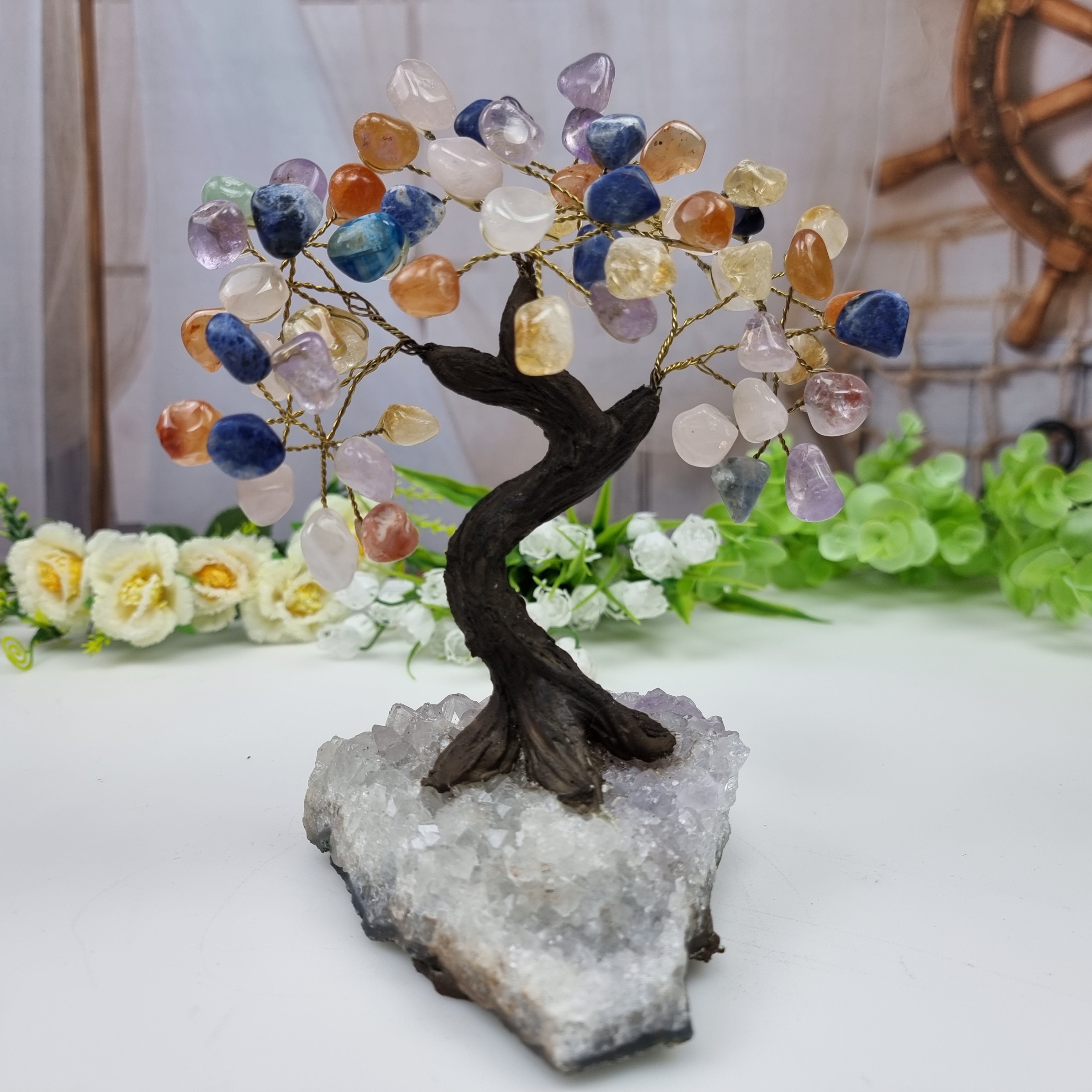Árvores de 7 CHACRAS Naturais | Modelos para Escolha | Base Especial de Ametista - 7 a 36 galhos e 35 a 240 Pedras | Peça Artesanal BR Crystals